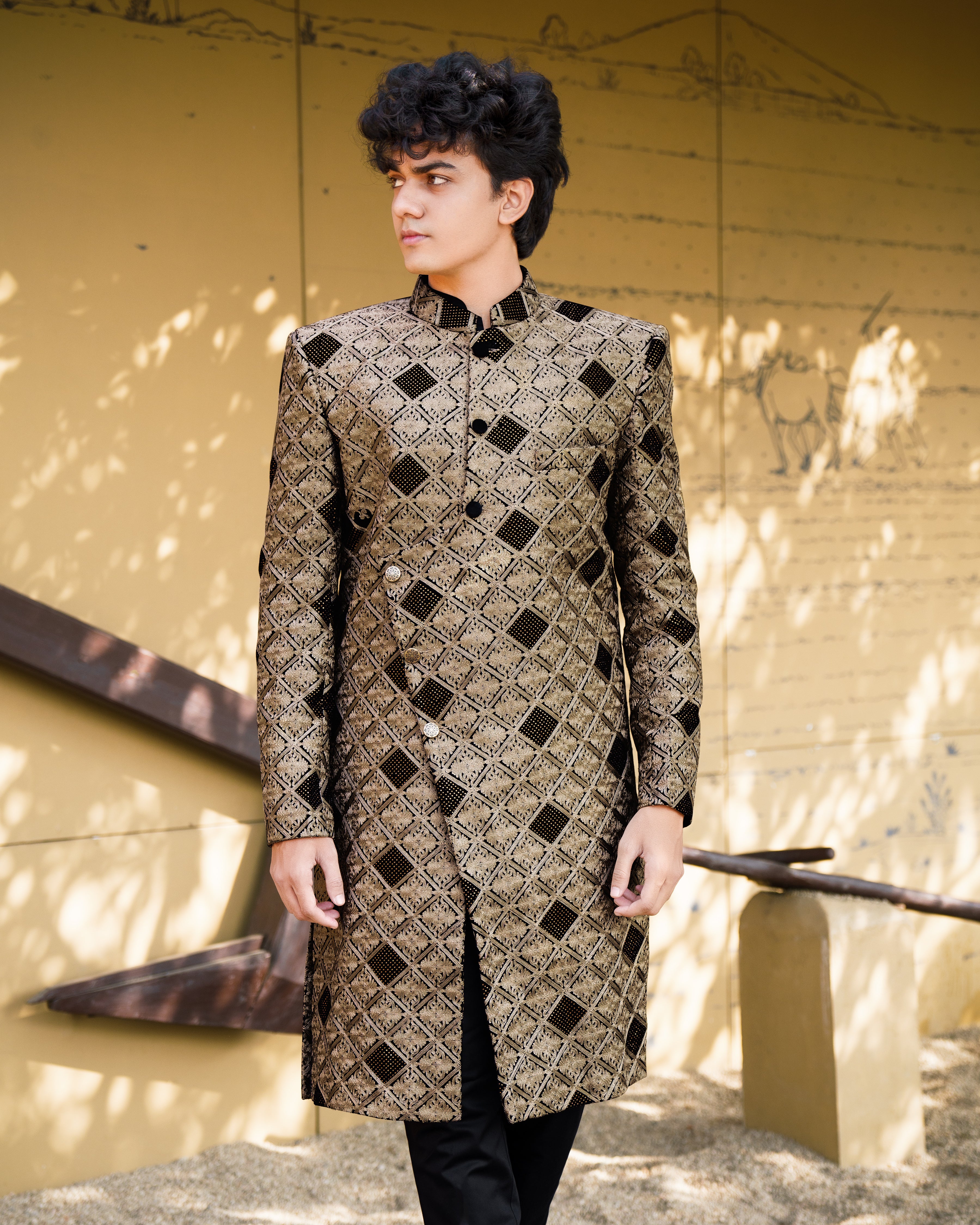 Muesli Brown with Black Velvet Tikki Work with Cotton Embroidered Thread Work Cross Buttoned Bandhgala Sherwani with Kurta and Pyjama SHR008-SRW11-36, SHR008-SRW11-38, SHR008-SRW11-40, SHR008-SRW11-42, SHR008-SRW11-44, SHR008-SRW11-46, SHR008-SRW11-48, SHR008-SRW11-50, SHR008-SRW11-52, SHR008-SRW11-54, SHR008-SRW11-56, SHR008-SRW11-58, SHR008-SRW11-60