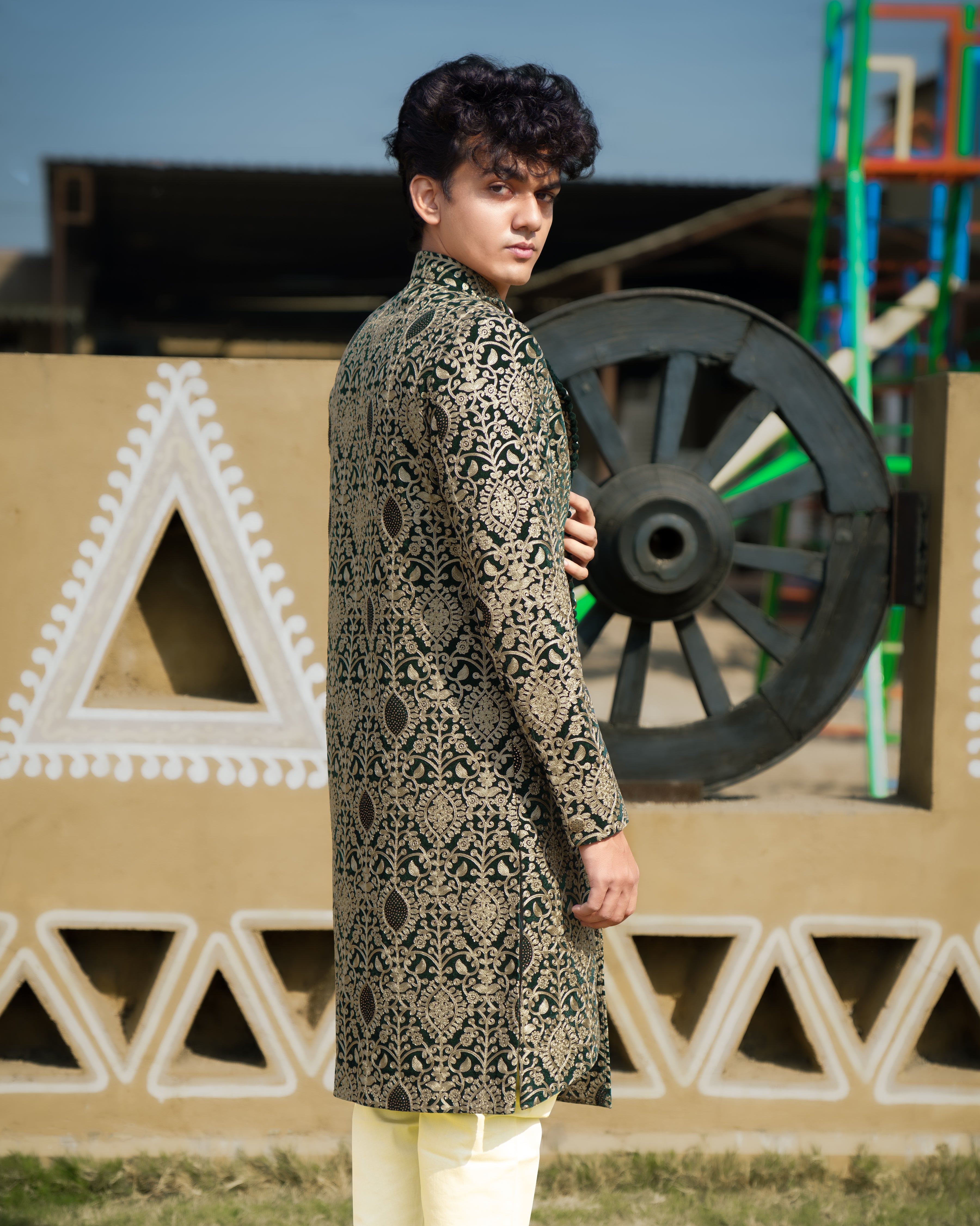Muesli Brown with Burnham Green Velvet Tikki Work with Cotton Embroidered Thread Work Asymmetrical Patterned Cross Buttoned Badhgala Sherwani SHR012-SRW02-36, SHR012-SRW02-38, SHR012-SRW02-40, SHR012-SRW02-42, SHR012-SRW02-44, SHR012-SRW02-46, SHR012-SRW02-48, SHR012-SRW02-50, SHR012-SRW02-52, SHR012-SRW02-54, SHR012-SRW02-56, SHR012-SRW02-58, SHR012-SRW02-60