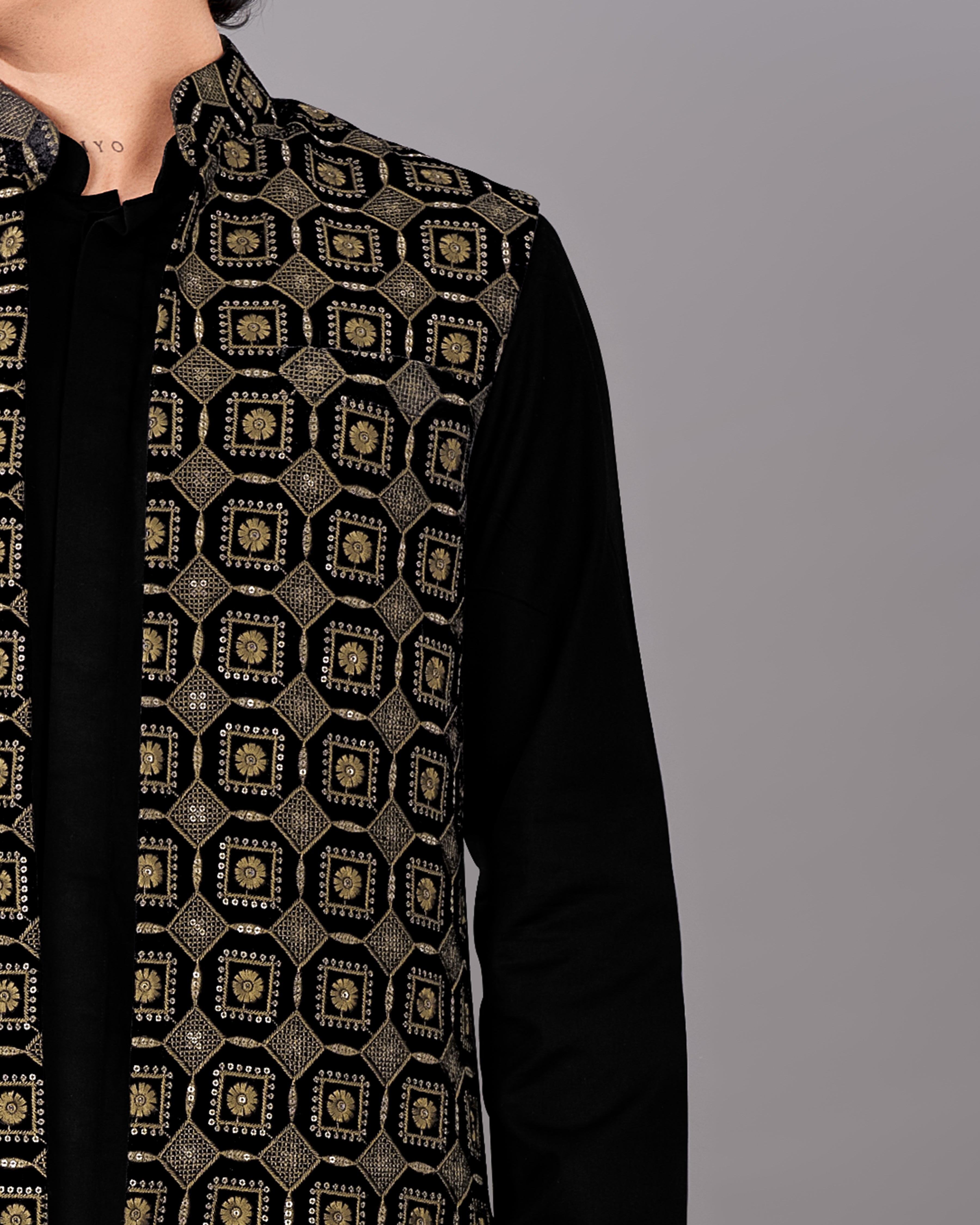 Jade Black with Moccasin Brown Sleeveless Embroidered Indo-Western SHR017-SRW16-36, SHR017-SRW16-38, SHR017-SRW16-40, SHR017-SRW16-42, SHR017-SRW16-44, SHR017-SRW16-46, SHR017-SRW16-48, SHR017-SRW16-50, SHR017-SRW16-52, SHR017-SRW16-54, SHR017-SRW16-56, SHR017-SRW16-58, SHR017-SRW16-60