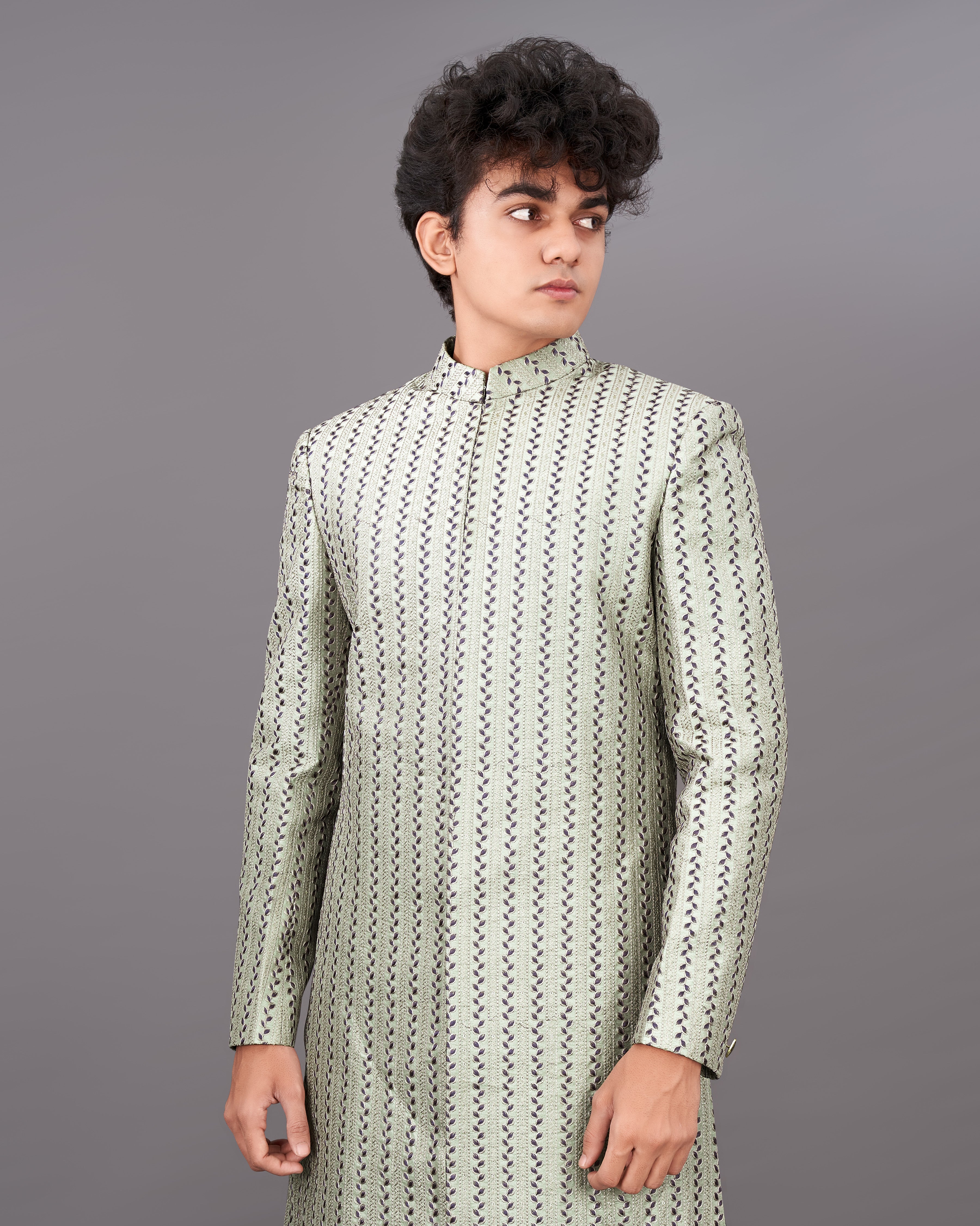 Bone Green With Embroidered Sherwani with Black Kurta and Pants Set SHR018-SRW30-36, SHR018-SRW30-38, SHR018-SRW30-40, SHR018-SRW30-42, SHR018-SRW30-44, SHR018-SRW30-46, SHR018-SRW30-48, SHR018-SRW30-50, SHR018-SRW30-52, SHR018-SRW30-54, SHR018-SRW30-56, SHR018-SRW30-58, SHR018-SRW30-60
