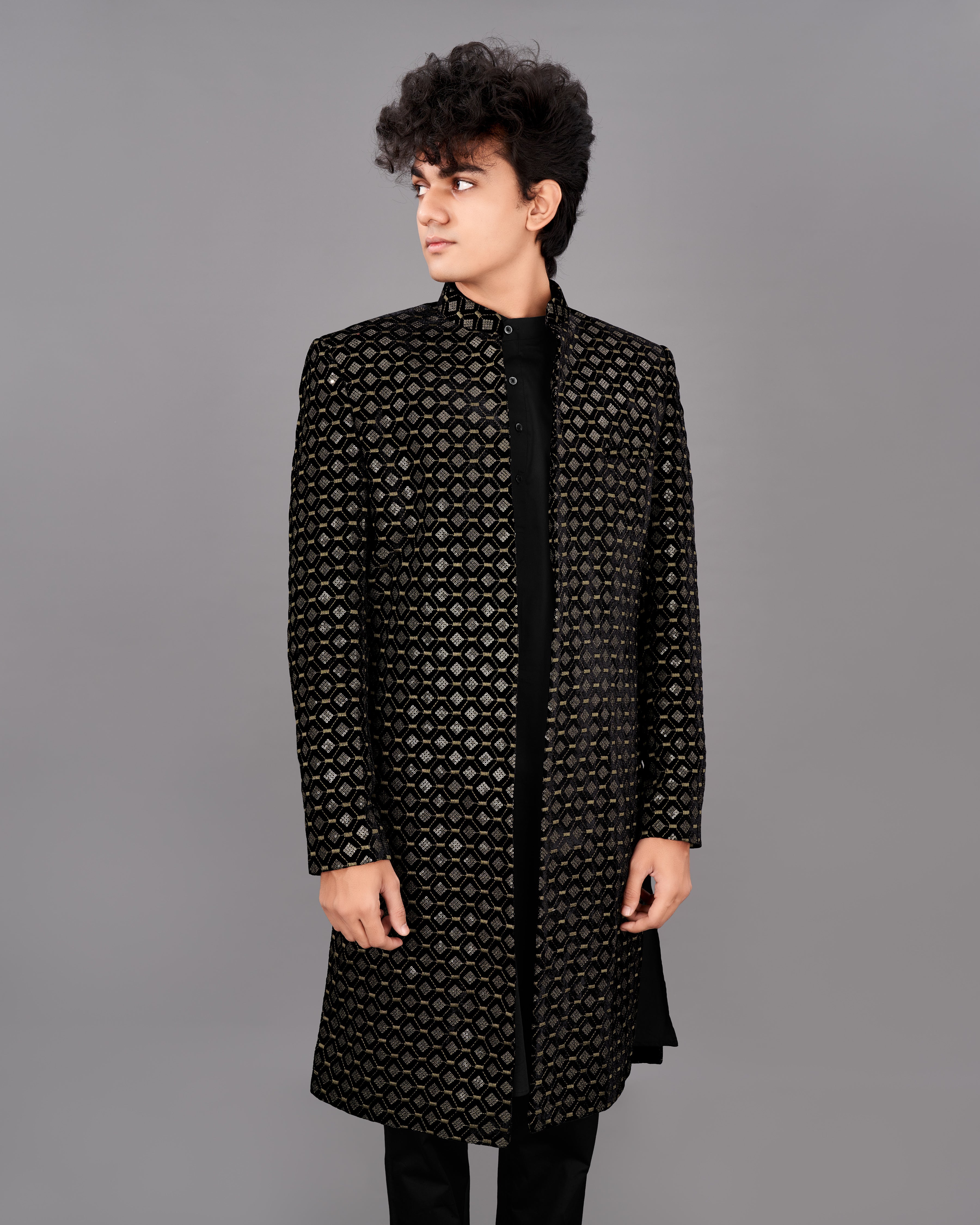 Jade Black And Husk Brown Embroidered with Tikki Work Sherwani with Kurta and Pants Set SHR022-SRW13-36, SHR022-SRW13-38, SHR022-SRW13-40, SHR022-SRW13-42, SHR022-SRW13-44, SHR022-SRW13-46, SHR022-SRW13-48, SHR022-SRW13-50, SHR022-SRW13-52, SHR022-SRW13-54, SHR022-SRW13-56, SHR022-SRW13-58, SHR022-SRW13-60