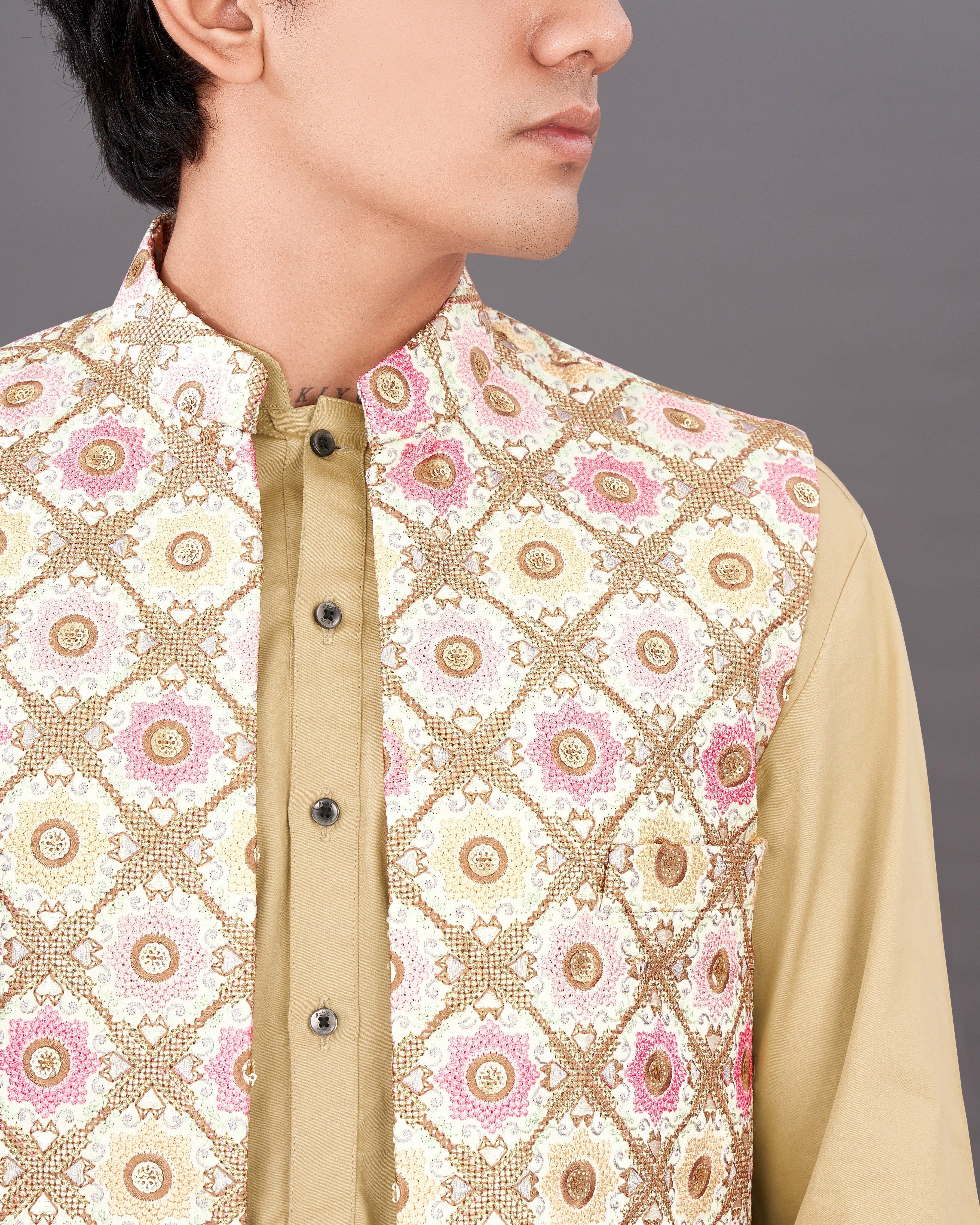 Sugarcane White with Muted Pink and Fawn Brown Sleeveless Jacket with Kurta, Pants Set