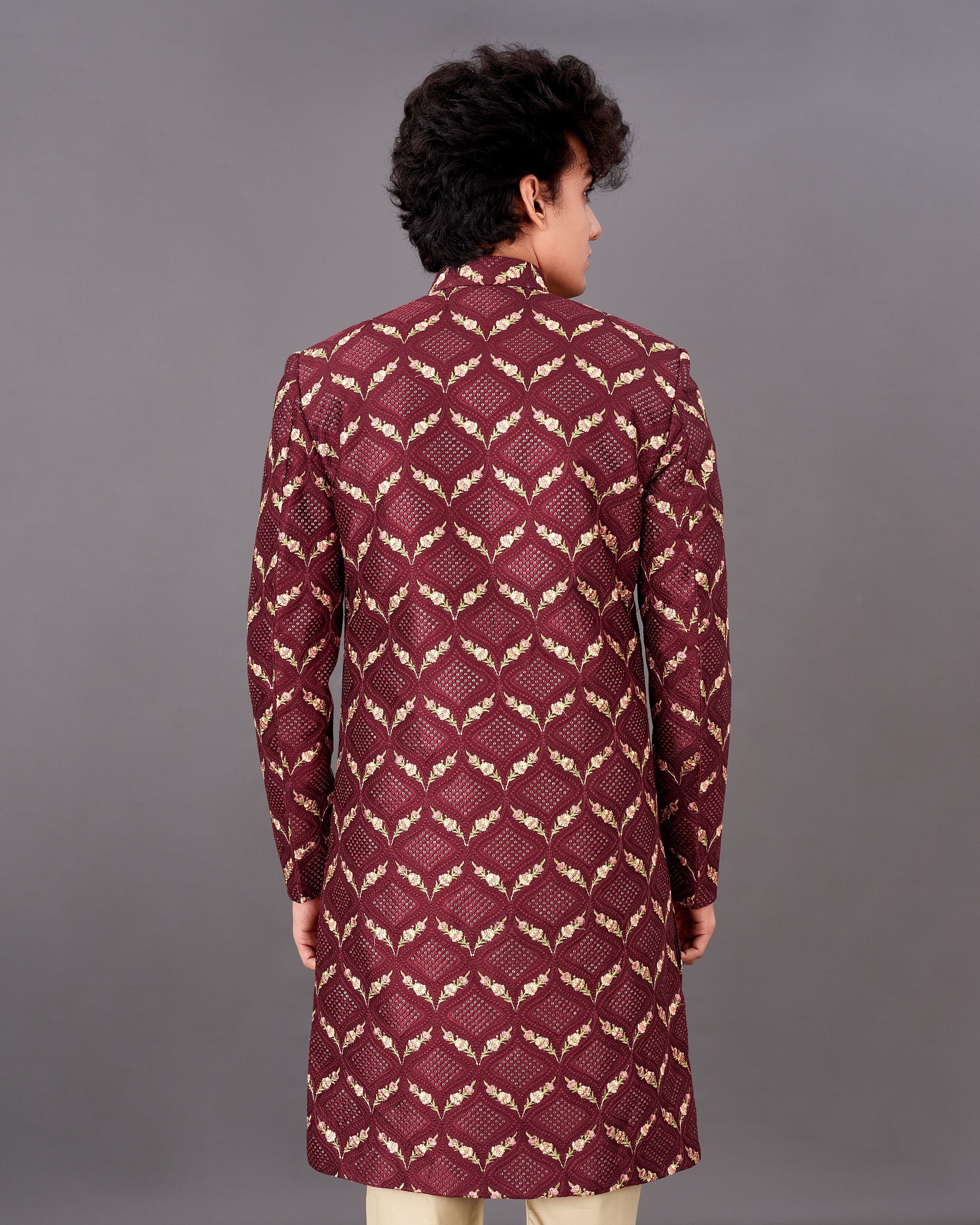 Wine Embroidered with Tikki Work Sherwani with Kurta and Pants Set SHR028-SRW30-36, SHR028-SRW30-38, SHR028-SRW30-40, SHR028-SRW30-42, SHR028-SRW30-44, SHR028-SRW30-46, SHR028-SRW30-48, SHR028-SRW30-50, SHR028-SRW30-52, SHR028-SRW30-54, SHR028-SRW30-56, SHR028-SRW30-58, SHR028-SRW30-60