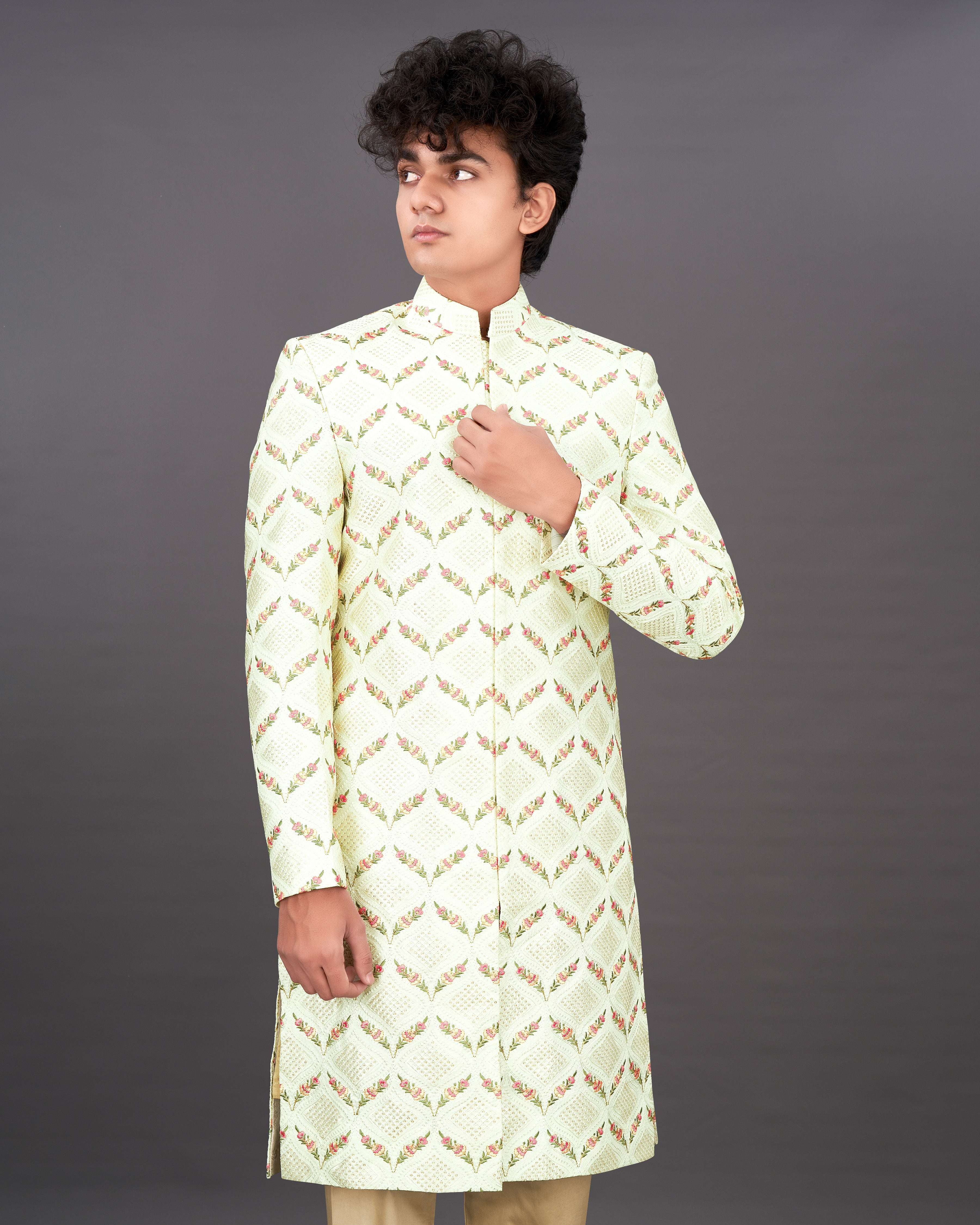 Albescent Cream Embroidered with Tikki Work Sherwani with Kurta and Pants Set SHR030-SRW30-36, SHR030-SRW30-38, SHR030-SRW30-40, SHR030-SRW30-42, SHR030-SRW30-44, SHR030-SRW30-46, SHR030-SRW30-48, SHR030-SRW30-50, SHR030-SRW30-52, SHR030-SRW30-54, SHR030-SRW30-56, SHR030-SRW30-58, SHR030-SRW30-60