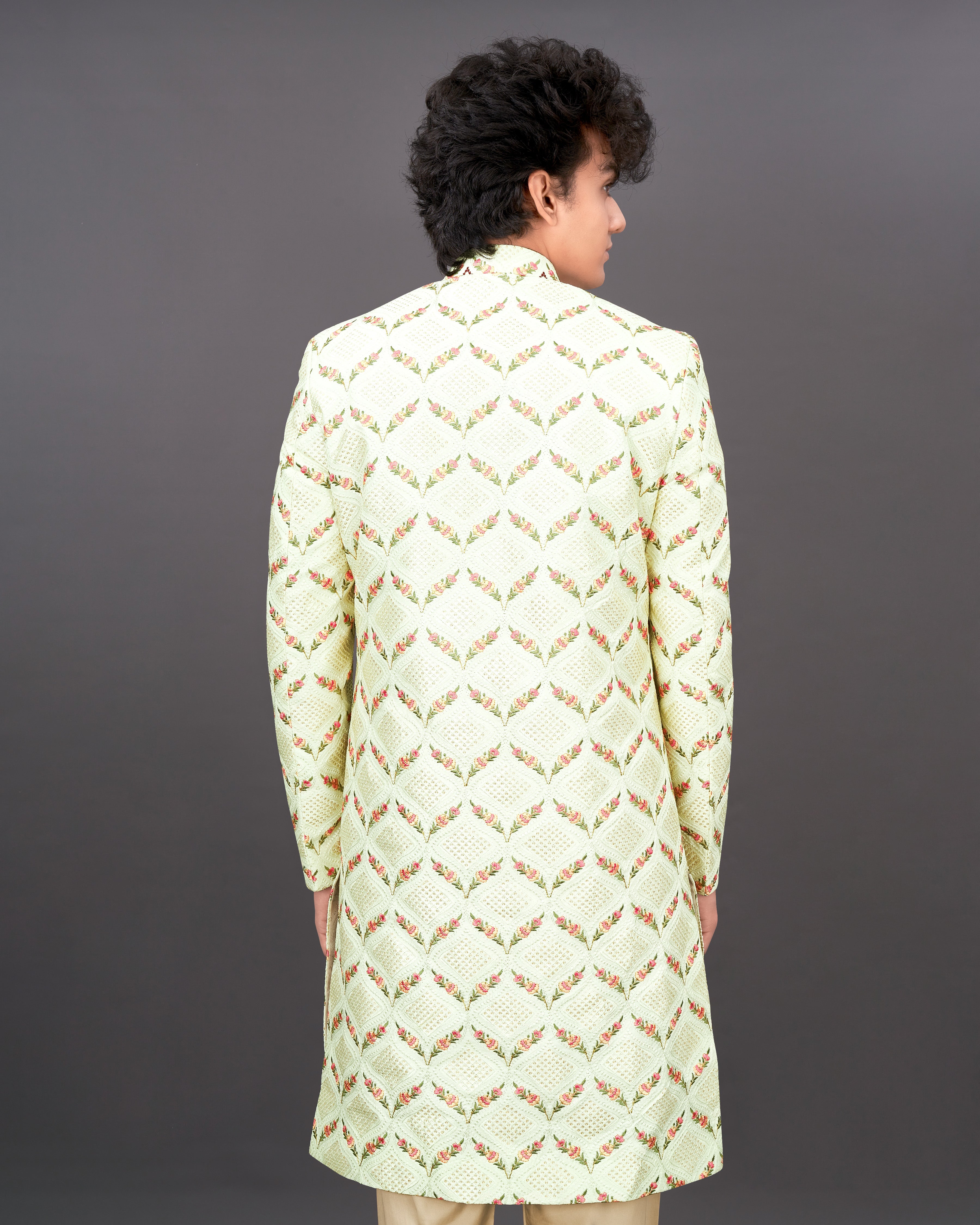 Albescent Cream Embroidered with Tikki Work Sherwani with Kurta and Pants Set SHR030-SRW30-36, SHR030-SRW30-38, SHR030-SRW30-40, SHR030-SRW30-42, SHR030-SRW30-44, SHR030-SRW30-46, SHR030-SRW30-48, SHR030-SRW30-50, SHR030-SRW30-52, SHR030-SRW30-54, SHR030-SRW30-56, SHR030-SRW30-58, SHR030-SRW30-60