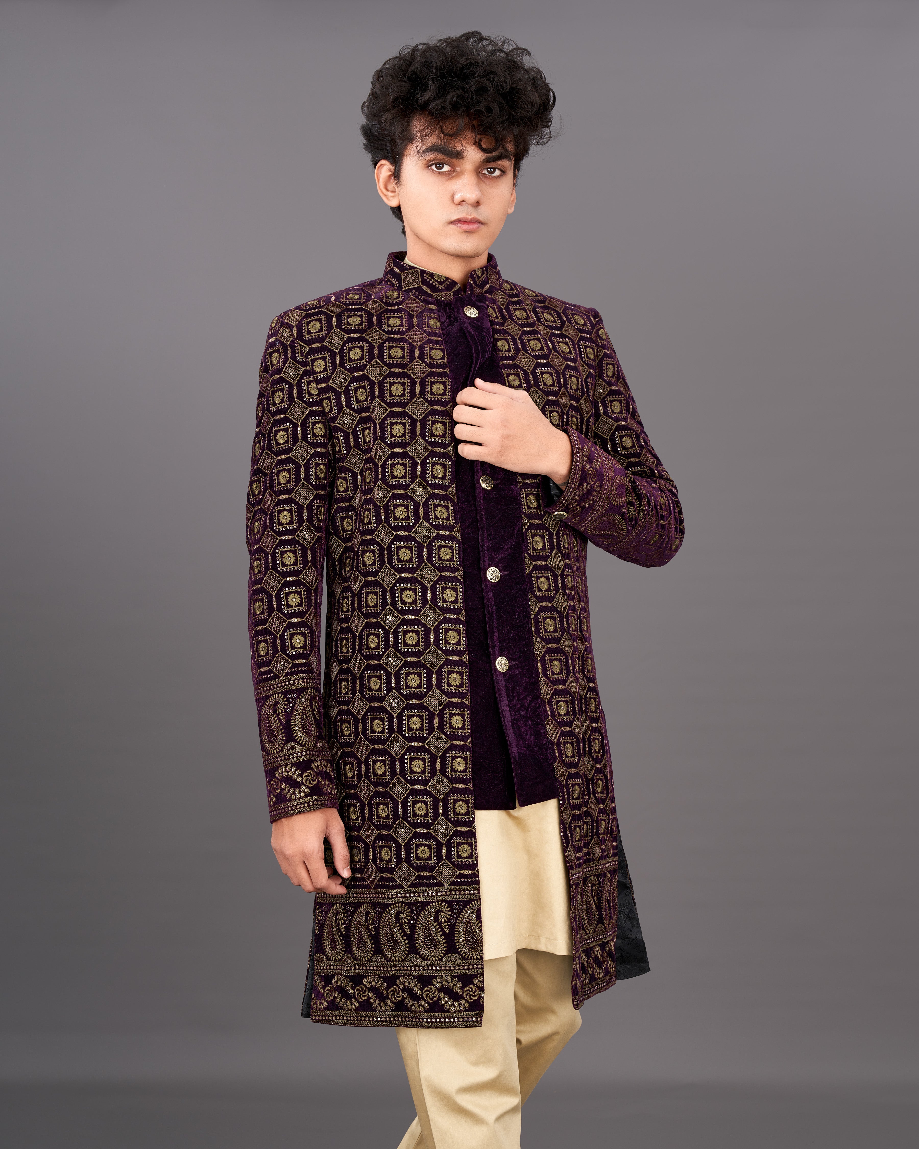 Ebony Maroon with Mocha Brown Heavyweight Embroidered Indo-Western with Kurta and Pants Set SHR032-SRW32-36, SHR032-SRW32-38, SHR032-SRW32-40, SHR032-SRW32-42, SHR032-SRW32-44, SHR032-SRW32-46, SHR032-SRW32-48, SHR032-SRW32-50, SHR032-SRW32-52, SHR032-SRW32-54, SHR032-SRW32-56, SHR032-SRW32-58, SHR032-SRW32-60