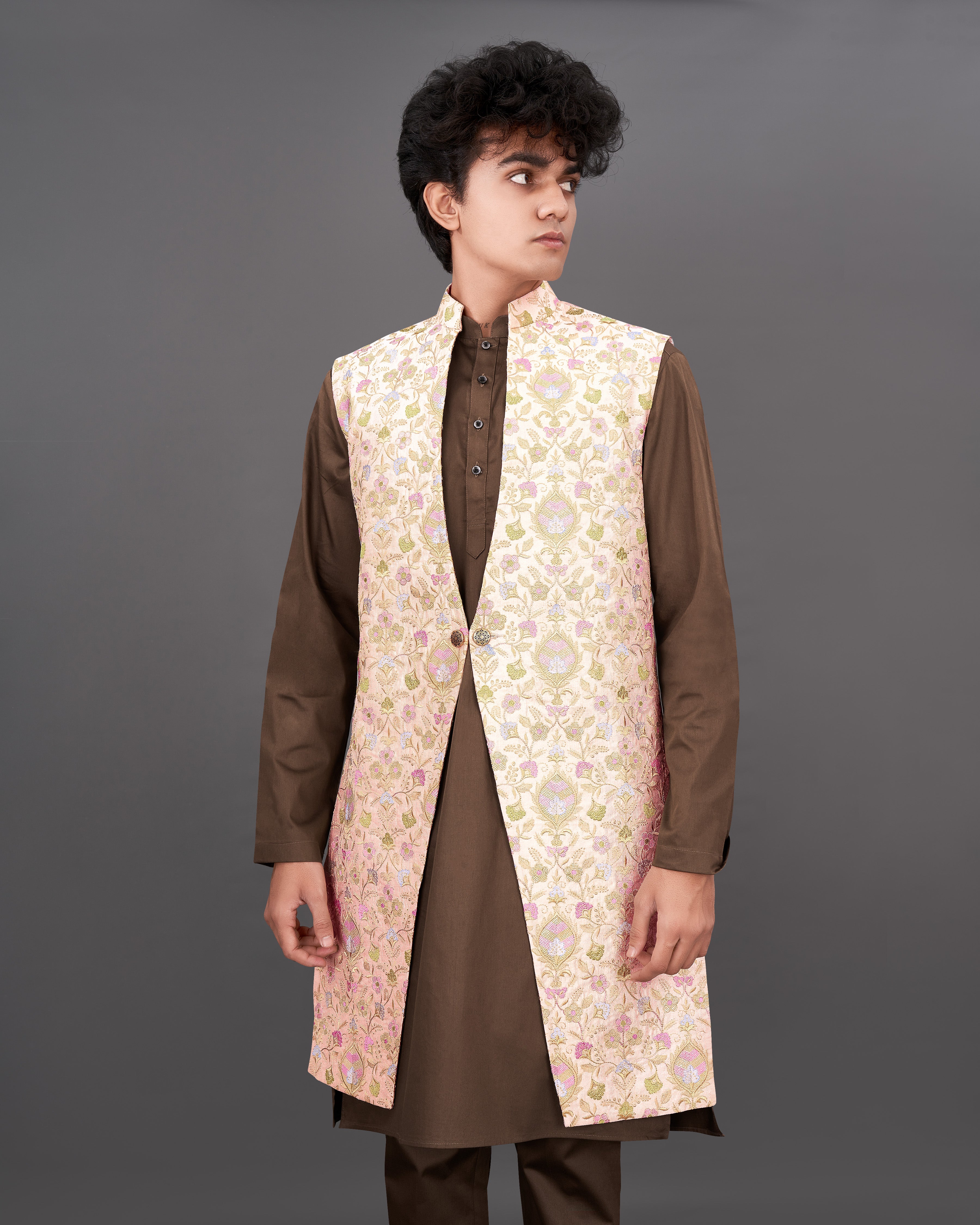 Mandys Peach Embroidered Sleeveless Indo-Western with Kurta and Pants Set SHR038-SRW28-36, SHR038-SRW28-38, SHR038-SRW28-40, SHR038-SRW28-42, SHR038-SRW28-44, SHR038-SRW28-46, SHR038-SRW28-48, SHR038-SRW28-50, SHR038-SRW28-52, SHR038-SRW28-54, SHR038-SRW28-56, SHR038-SRW28-58, SHR038-SRW28-60