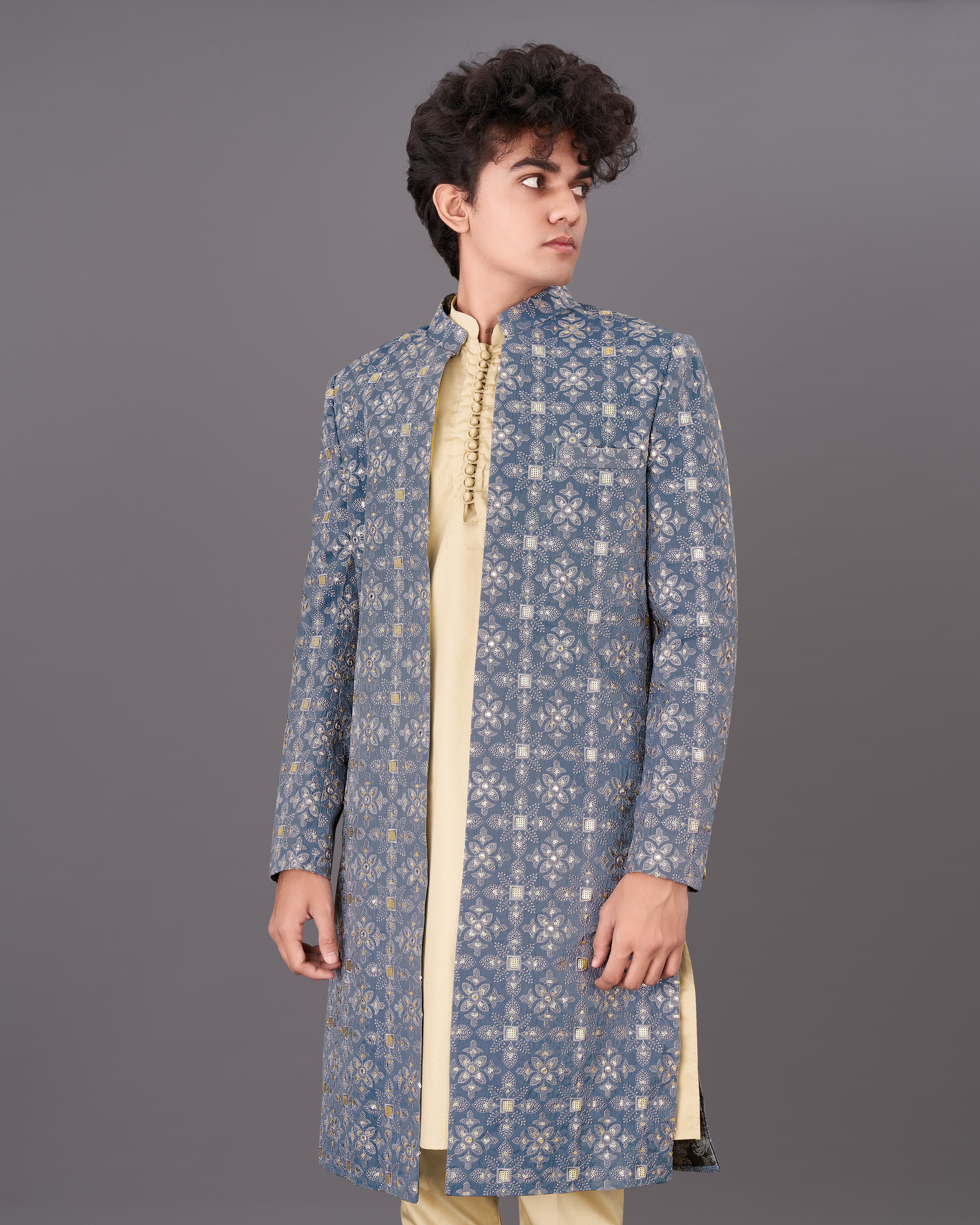 Dolphin Blue and Sequence Embroidered Sherwani with Kurta and Pants Set SHR040-SRW24-36, SHR040-SRW24-38, SHR040-SRW24-40, SHR040-SRW24-42, SHR040-SRW24-44, SHR040-SRW24-46, SHR040-SRW24-48, SHR040-SRW24-50, SHR040-SRW24-52, SHR040-SRW24-54, SHR040-SRW24-56, SHR040-SRW24-58, SHR040-SRW24-60