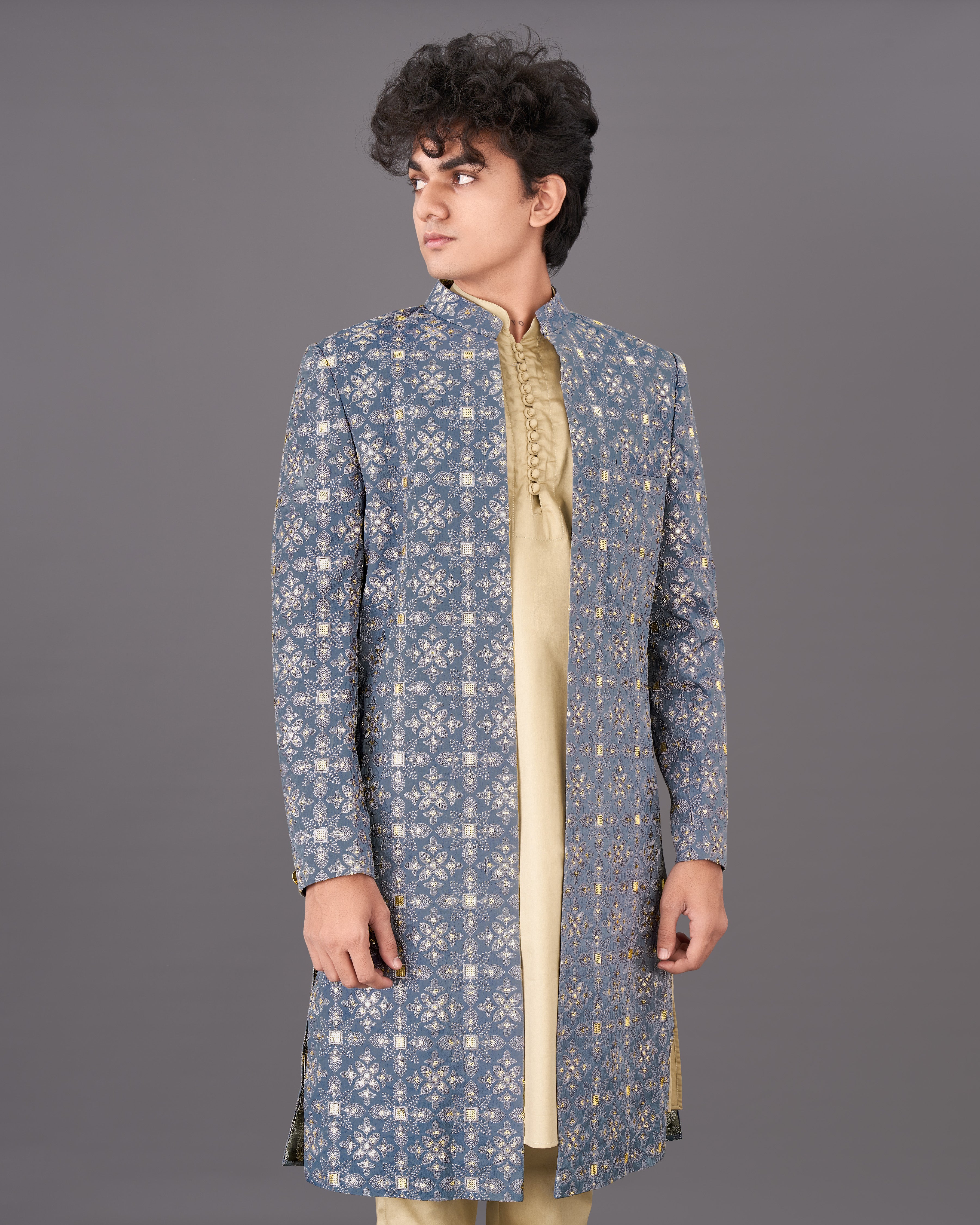 Dolphin Blue and Sequence Embroidered Sherwani with Kurta and Pants Set SHR040-SRW24-36, SHR040-SRW24-38, SHR040-SRW24-40, SHR040-SRW24-42, SHR040-SRW24-44, SHR040-SRW24-46, SHR040-SRW24-48, SHR040-SRW24-50, SHR040-SRW24-52, SHR040-SRW24-54, SHR040-SRW24-56, SHR040-SRW24-58, SHR040-SRW24-60
