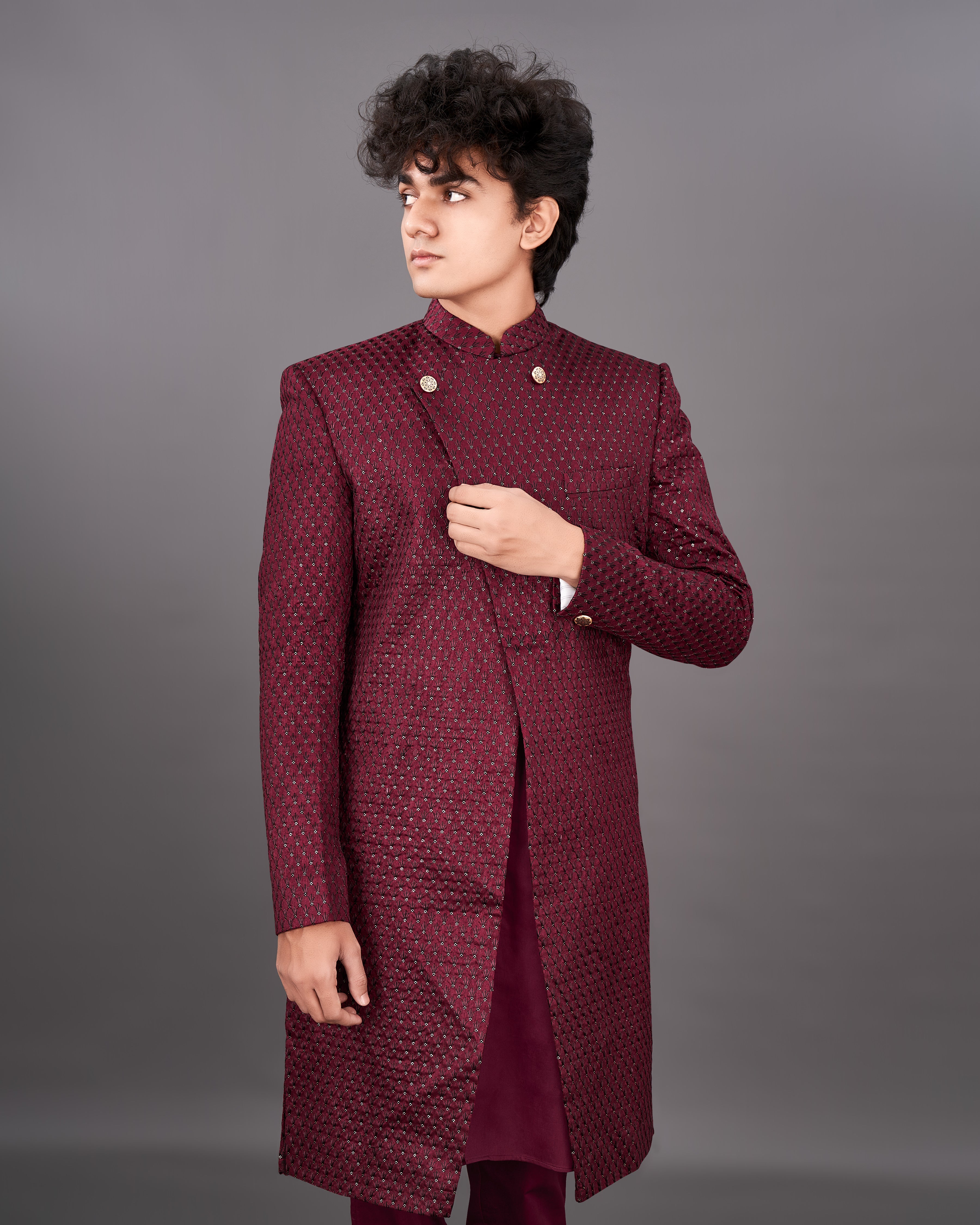Espresso Maroon and Sequence Embroidered Sherwani with Kurta and Pants Set SHR042-SRW21-36, SHR042-SRW21-38, SHR042-SRW21-40, SHR042-SRW21-42, SHR042-SRW21-44, SHR042-SRW21-46, SHR042-SRW21-48, SHR042-SRW21-50, SHR042-SRW21-52, SHR042-SRW21-54, SHR042-SRW21-56, SHR042-SRW21-58, SHR042-SRW21-60
