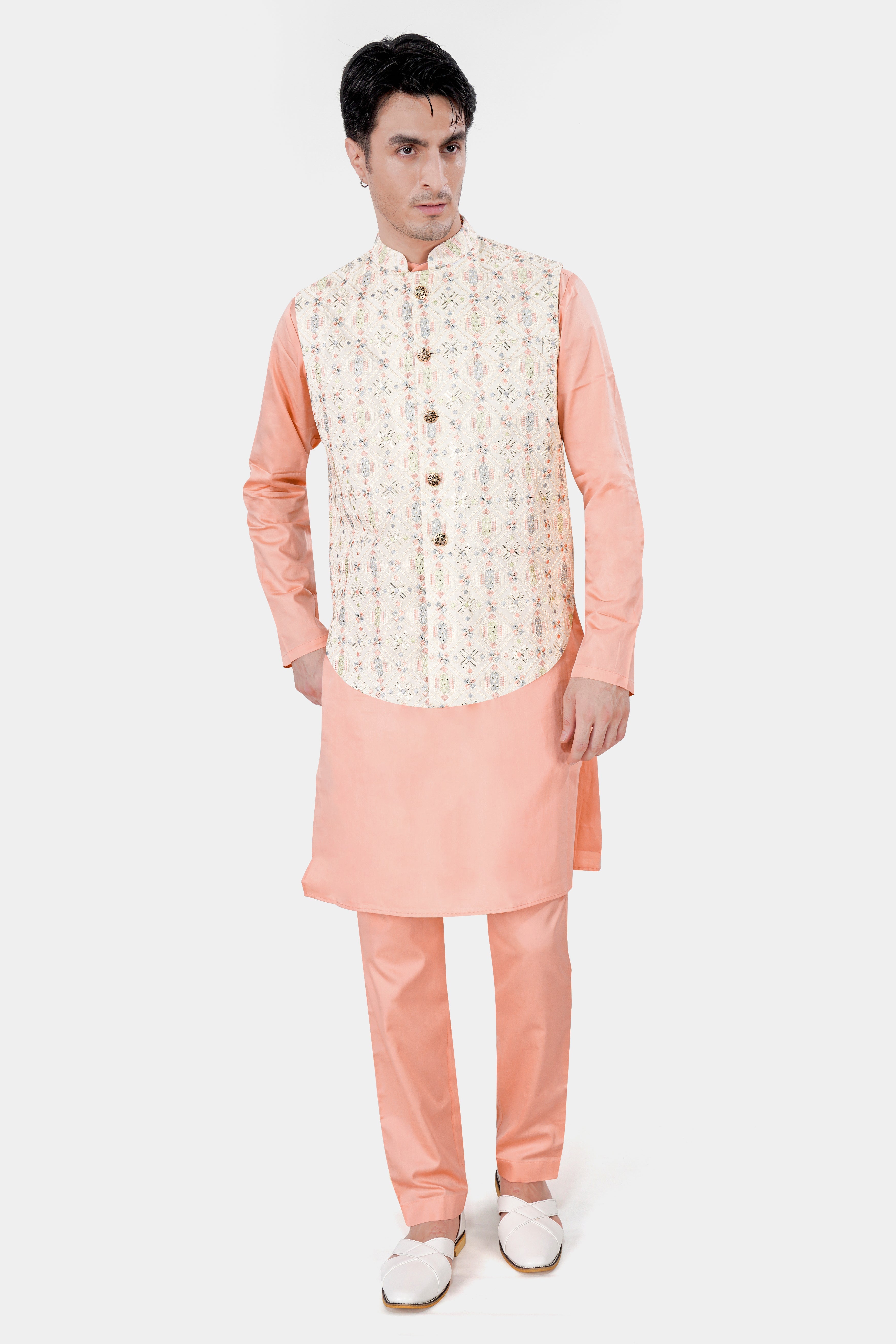 Pearl Cream Embroidered with Sequins Work Sleeveless Jacket with Cashmere Peach Kurta and Pajama Set SH050-SRW39-36, SH050-SRW39-38, SH050-SRW39-40, SH050-SRW39-42, SH050-SRW39-44, SH050-SRW39-46, SH050-SRW39-48, SH050-SRW39-50, SH050-SRW39-52, SH050-SRW39-54, SH050-SRW39-56, SH050-SRW39-58, SH050-SRW39-60