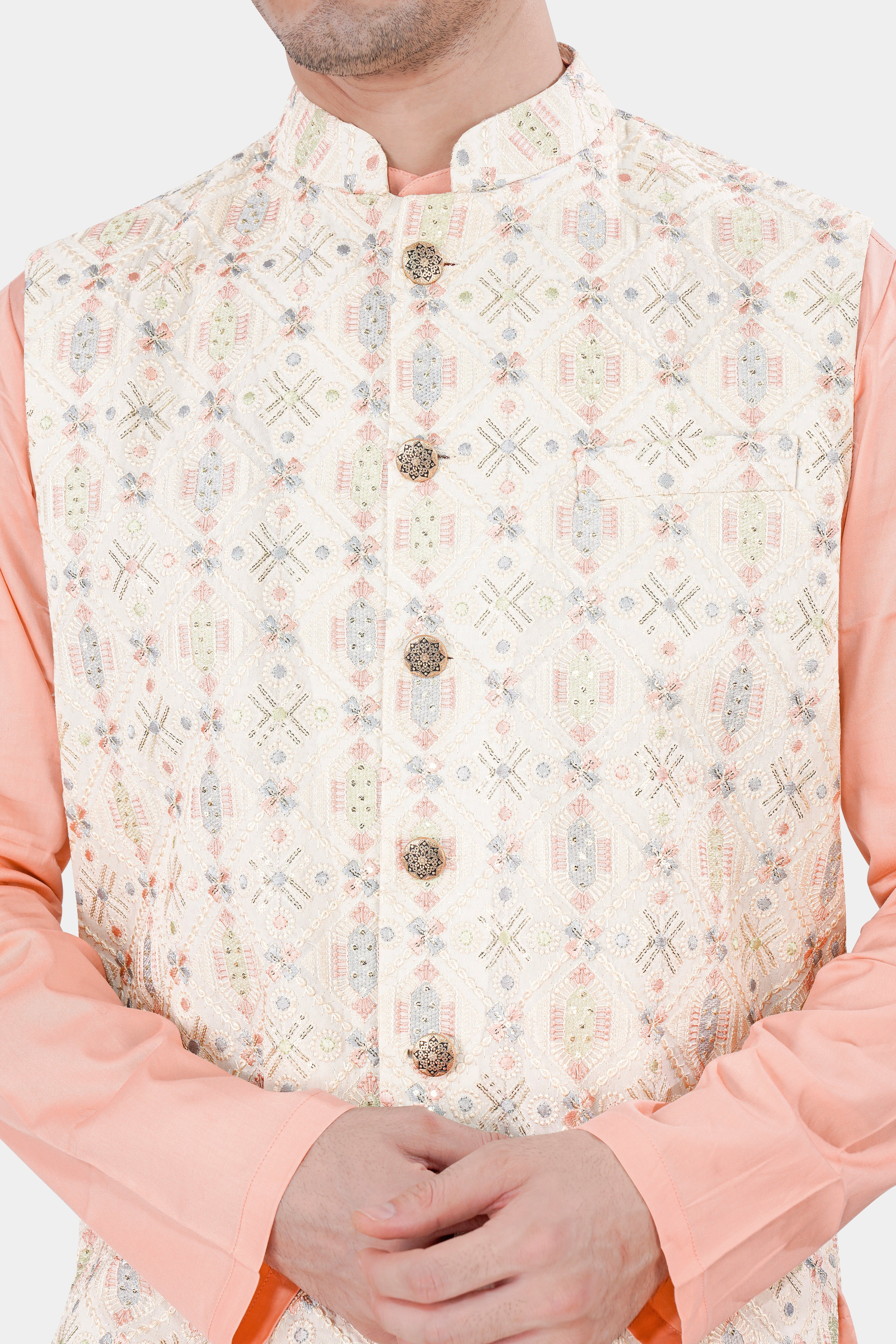 Pearl Cream Embroidered with Sequins Work Sleeveless Jacket with Cashmere Peach Kurta and Pajama Set SH050-SRW39-36, SH050-SRW39-38, SH050-SRW39-40, SH050-SRW39-42, SH050-SRW39-44, SH050-SRW39-46, SH050-SRW39-48, SH050-SRW39-50, SH050-SRW39-52, SH050-SRW39-54, SH050-SRW39-56, SH050-SRW39-58, SH050-SRW39-60