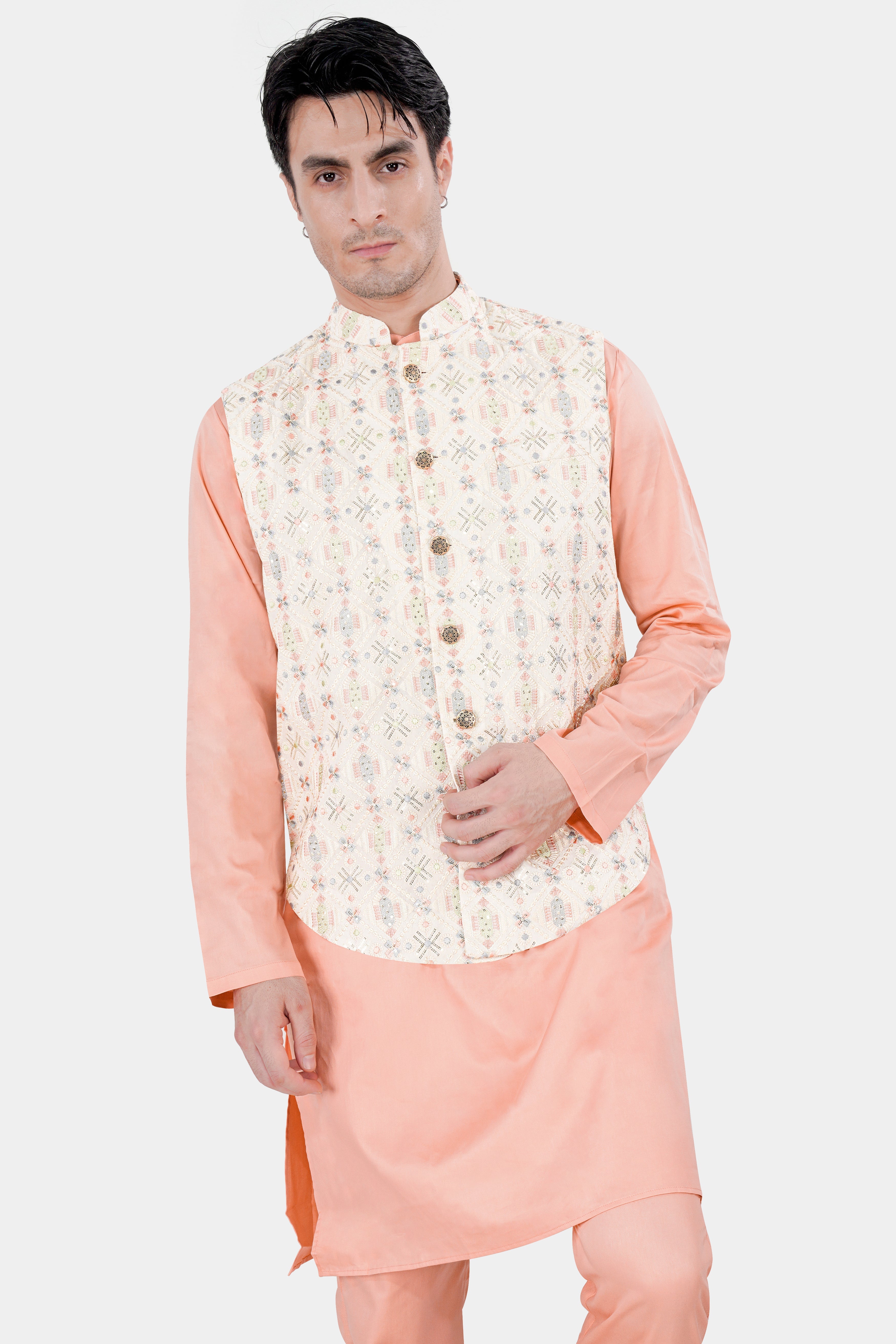 Pearl Cream Embroidered with Sequins Work Sleeveless Jacket with Cashmere Peach Kurta and Pajama Set SH050-SRW39-36, SH050-SRW39-38, SH050-SRW39-40, SH050-SRW39-42, SH050-SRW39-44, SH050-SRW39-46, SH050-SRW39-48, SH050-SRW39-50, SH050-SRW39-52, SH050-SRW39-54, SH050-SRW39-56, SH050-SRW39-58, SH050-SRW39-60