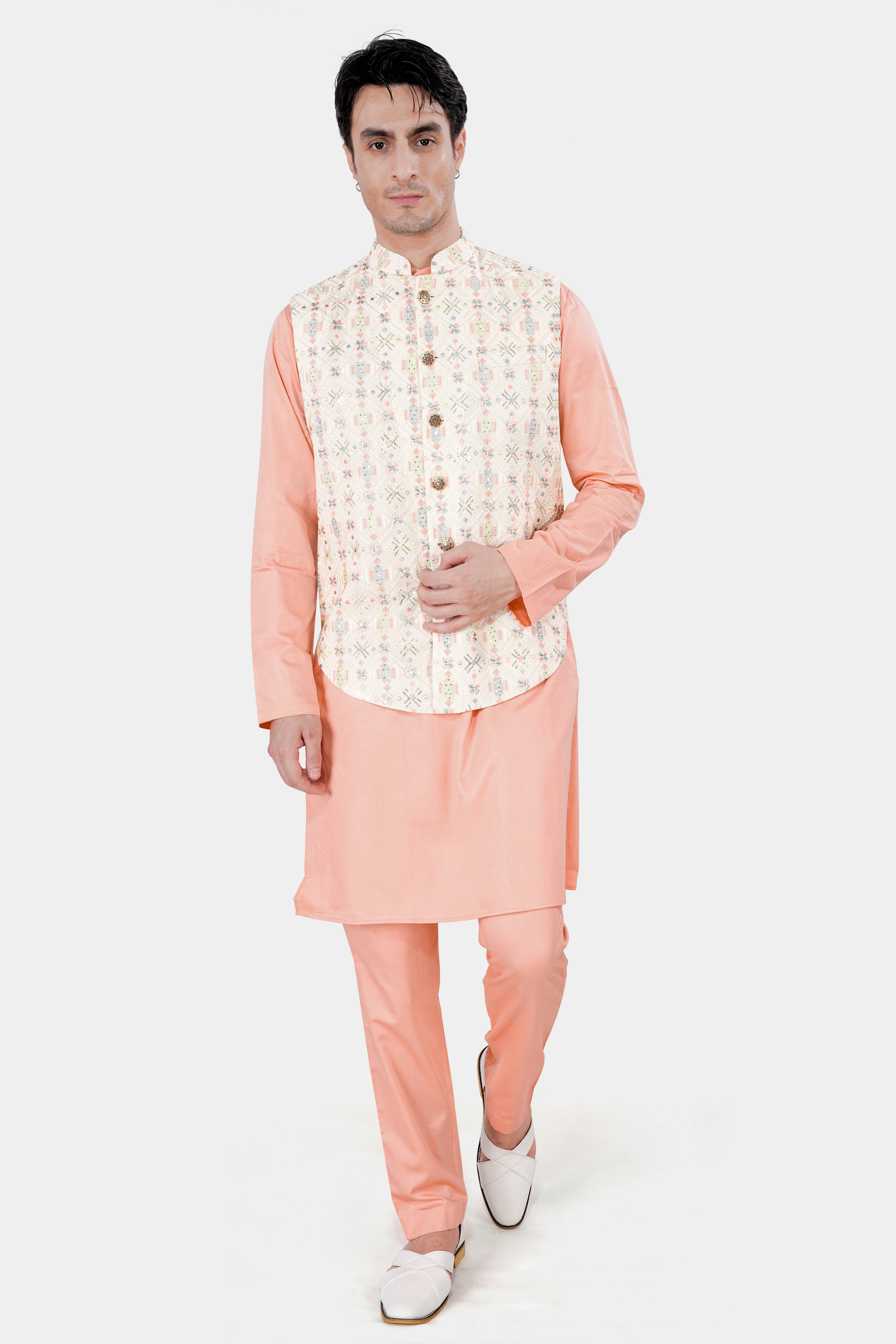 Pearl Cream Embroidered with Sequins Work Sleeveless Jacket with Cashmere Peach Kurta and Pajama Set SH050-SRW39-36, SH050-SRW39-38, SH050-SRW39-40, SH050-SRW39-42, SH050-SRW39-44, SH050-SRW39-46, SH050-SRW39-48, SH050-SRW39-50, SH050-SRW39-52, SH050-SRW39-54, SH050-SRW39-56, SH050-SRW39-58, SH050-SRW39-60