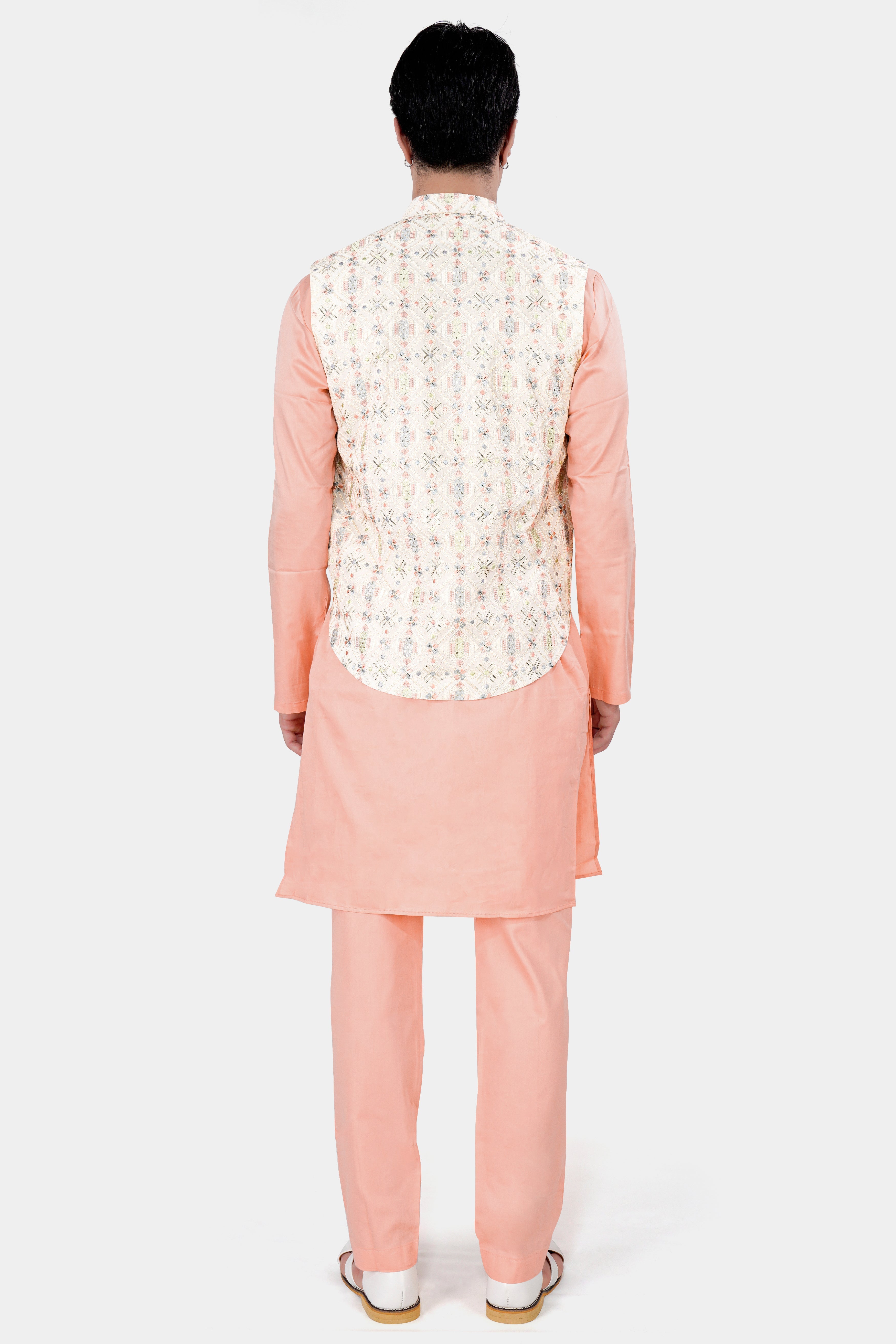 Pearl Cream Embroidered with Sequins Work Sleeveless Jacket with Cashmere Peach Kurta and Pajama Set SH050-SRW39-36, SH050-SRW39-38, SH050-SRW39-40, SH050-SRW39-42, SH050-SRW39-44, SH050-SRW39-46, SH050-SRW39-48, SH050-SRW39-50, SH050-SRW39-52, SH050-SRW39-54, SH050-SRW39-56, SH050-SRW39-58, SH050-SRW39-60