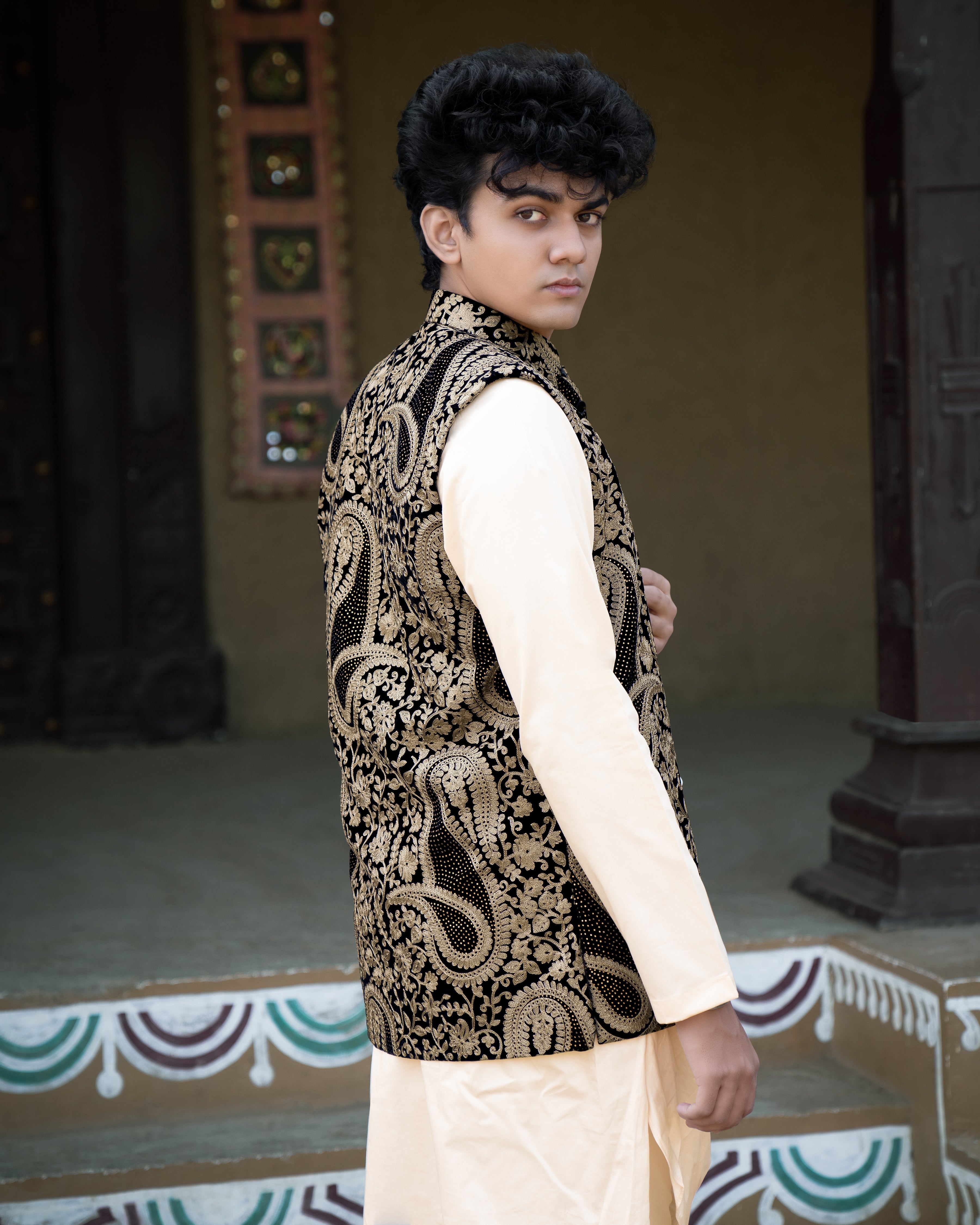 Albescent Beige Velvet Tikki Work with Cotton Embroidered Thread Work Badhgala Sherwani