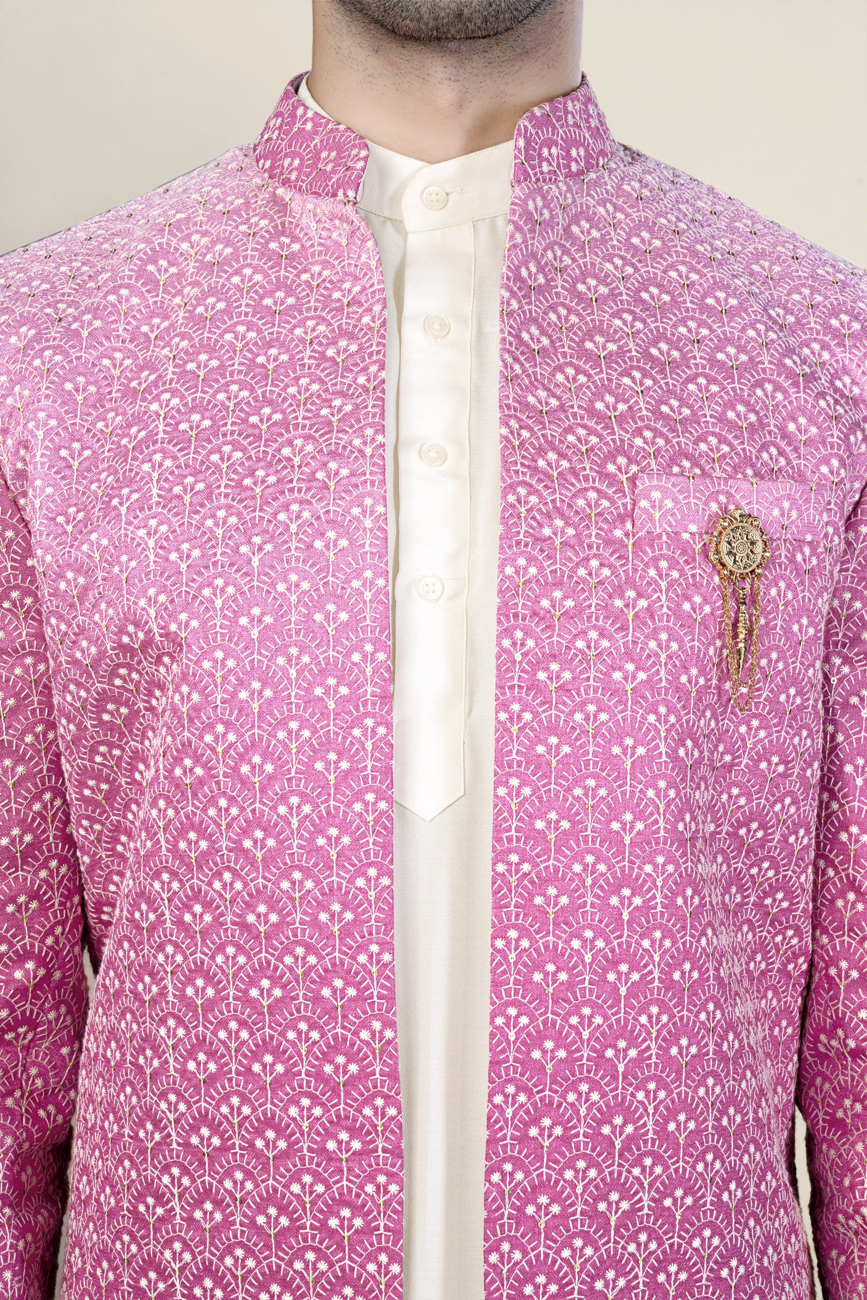 Bashful Pink and White Thread Embroidered Indo-Western