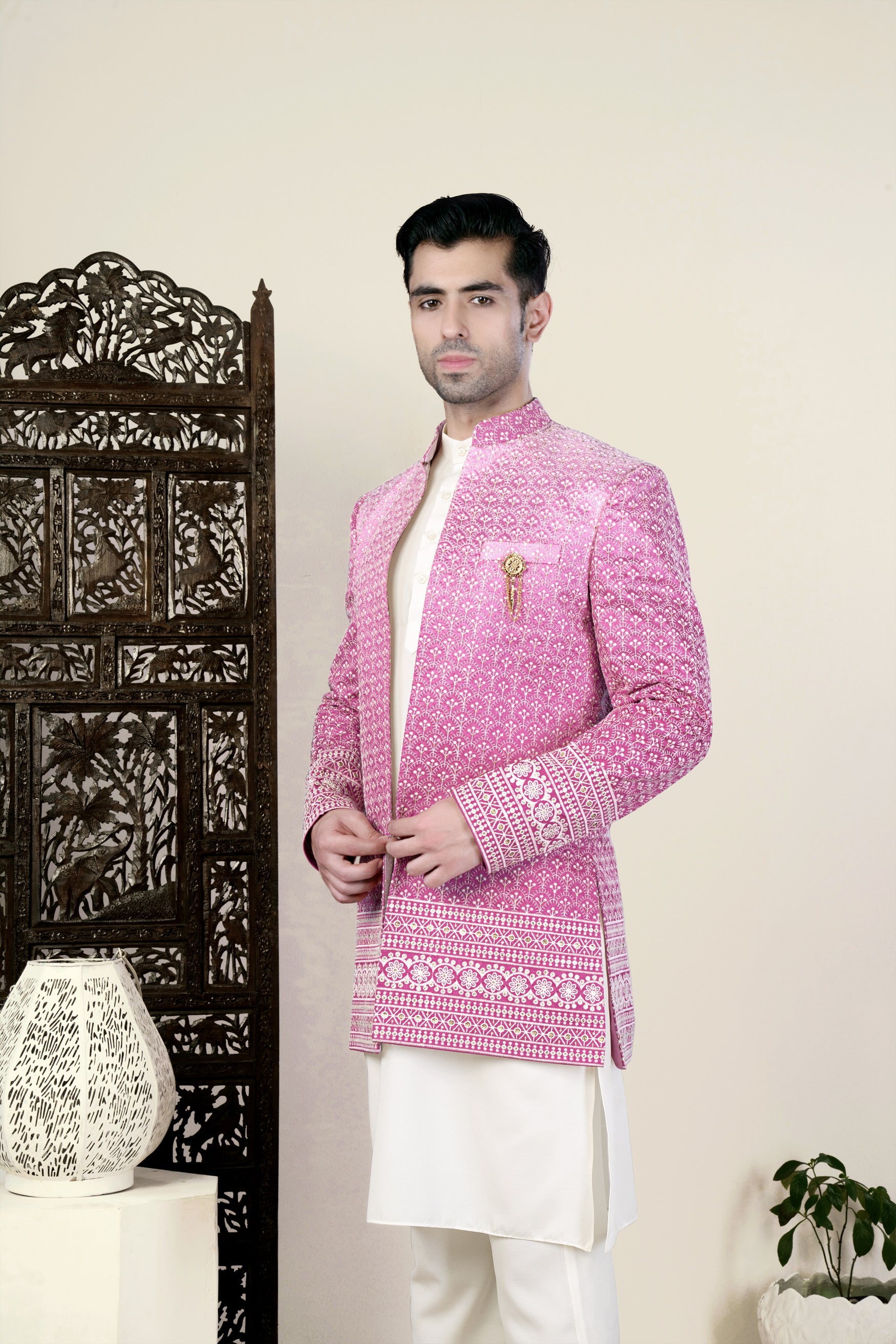 Bashful Pink and White Thread Embroidered Indo-Western