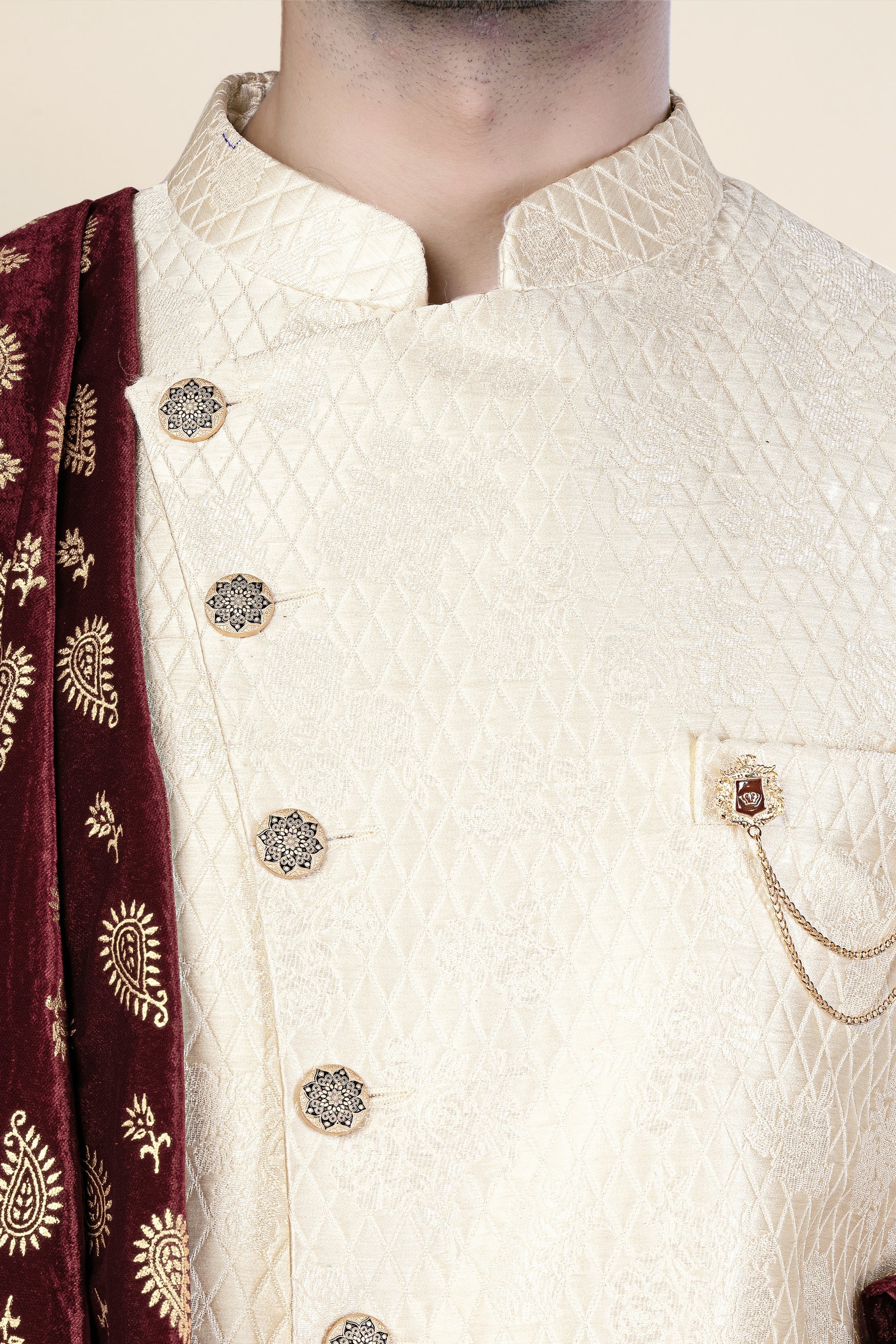 Ebb Cream Trellis Jacquard Weave Indo-Western Sherwani