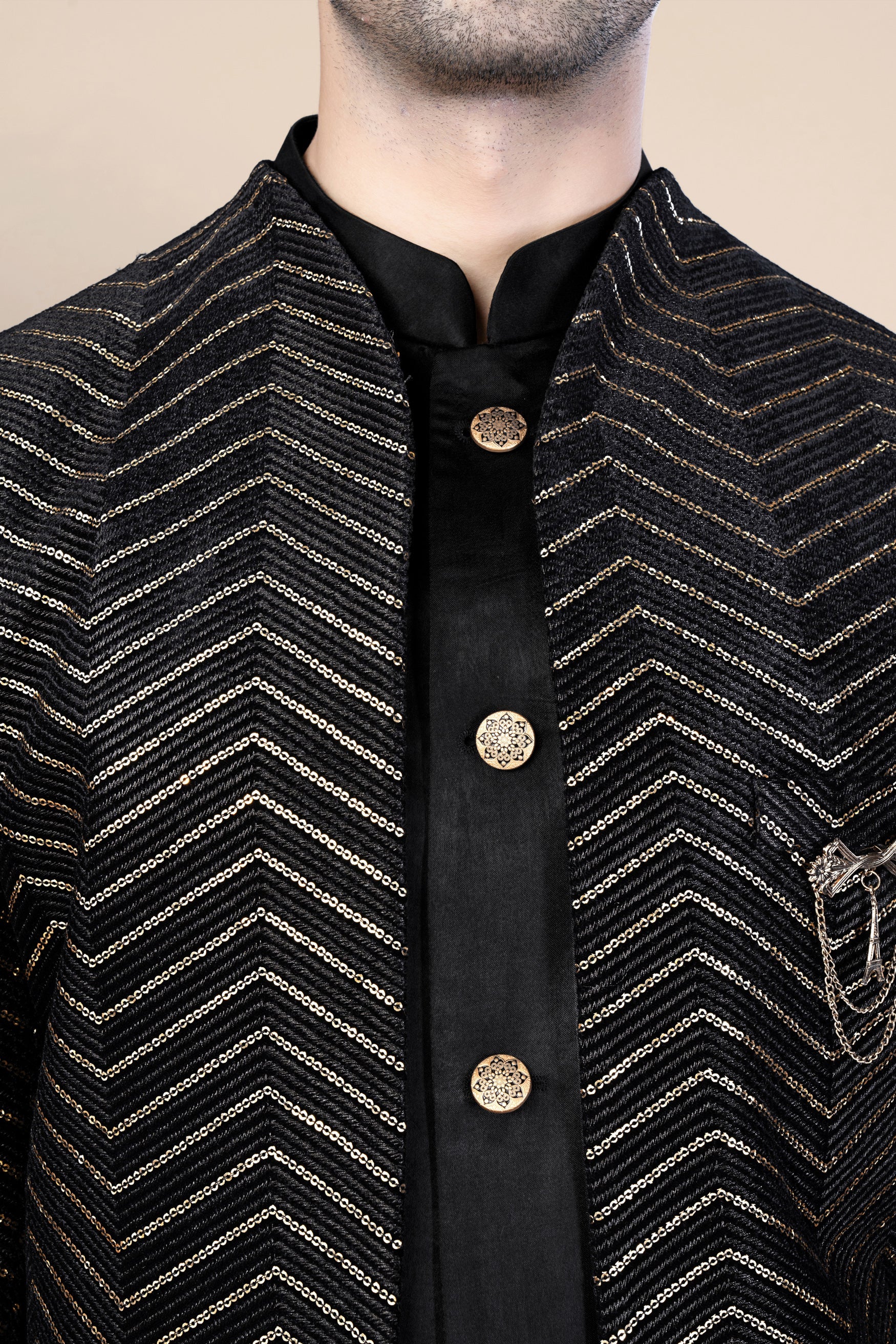 Jade Black Chevron Thread and Sequin Embroidered Indo-Western