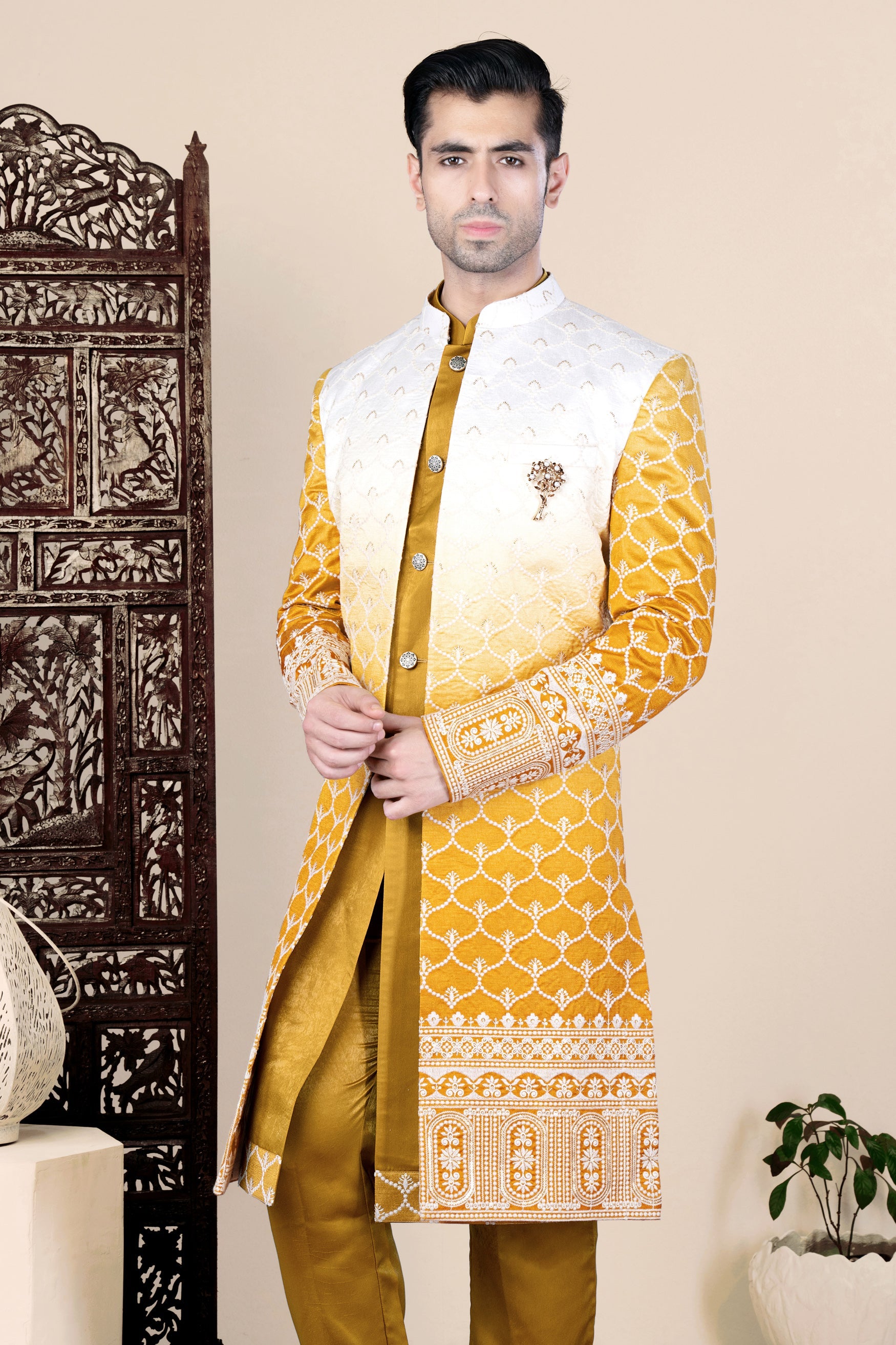 Bright White and Macaroni Yellow Ogee Thread and Sequin Embroidered Indo-Western