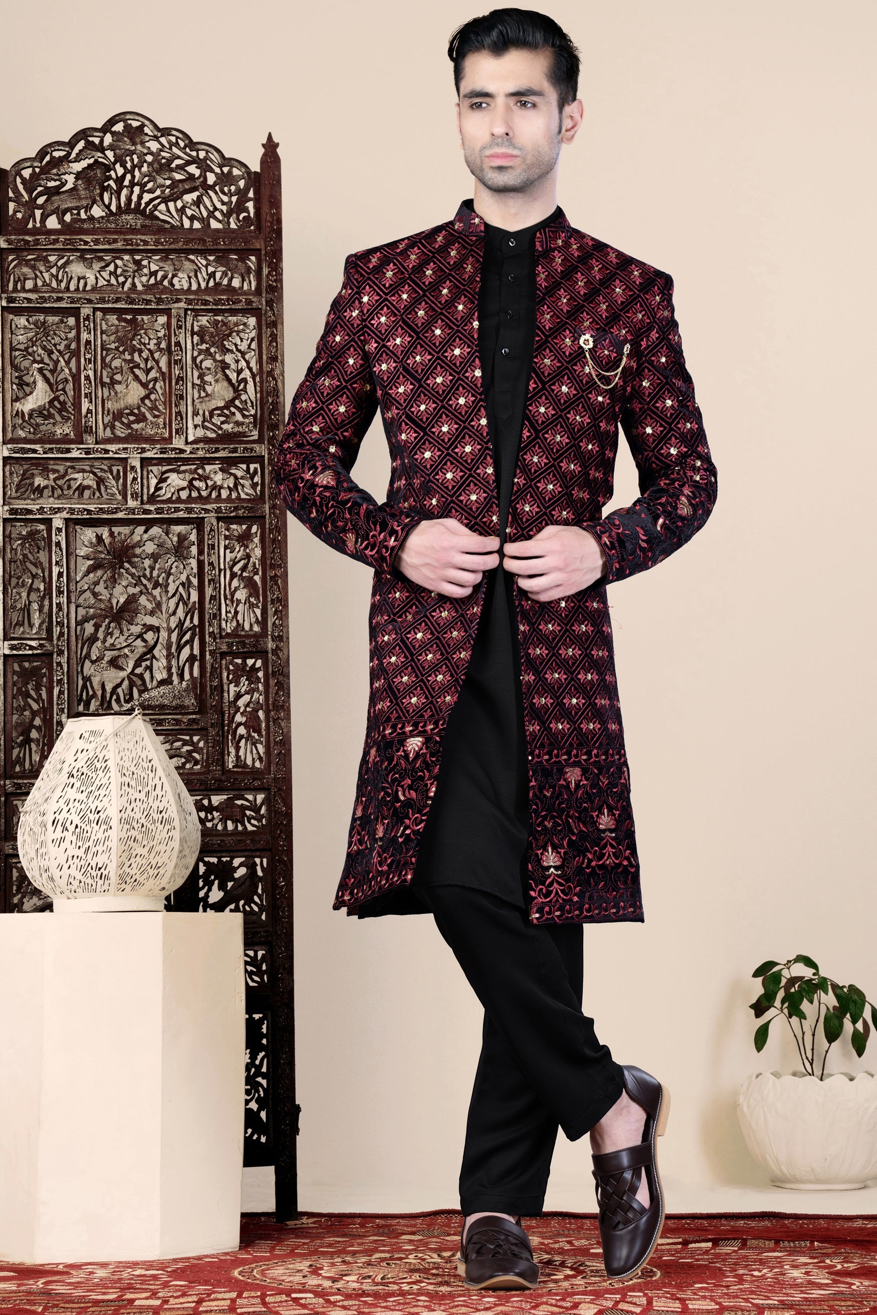 Jade Black and Cordovan Pink Geometric Thread and Sequin Embroidered Indo-Western