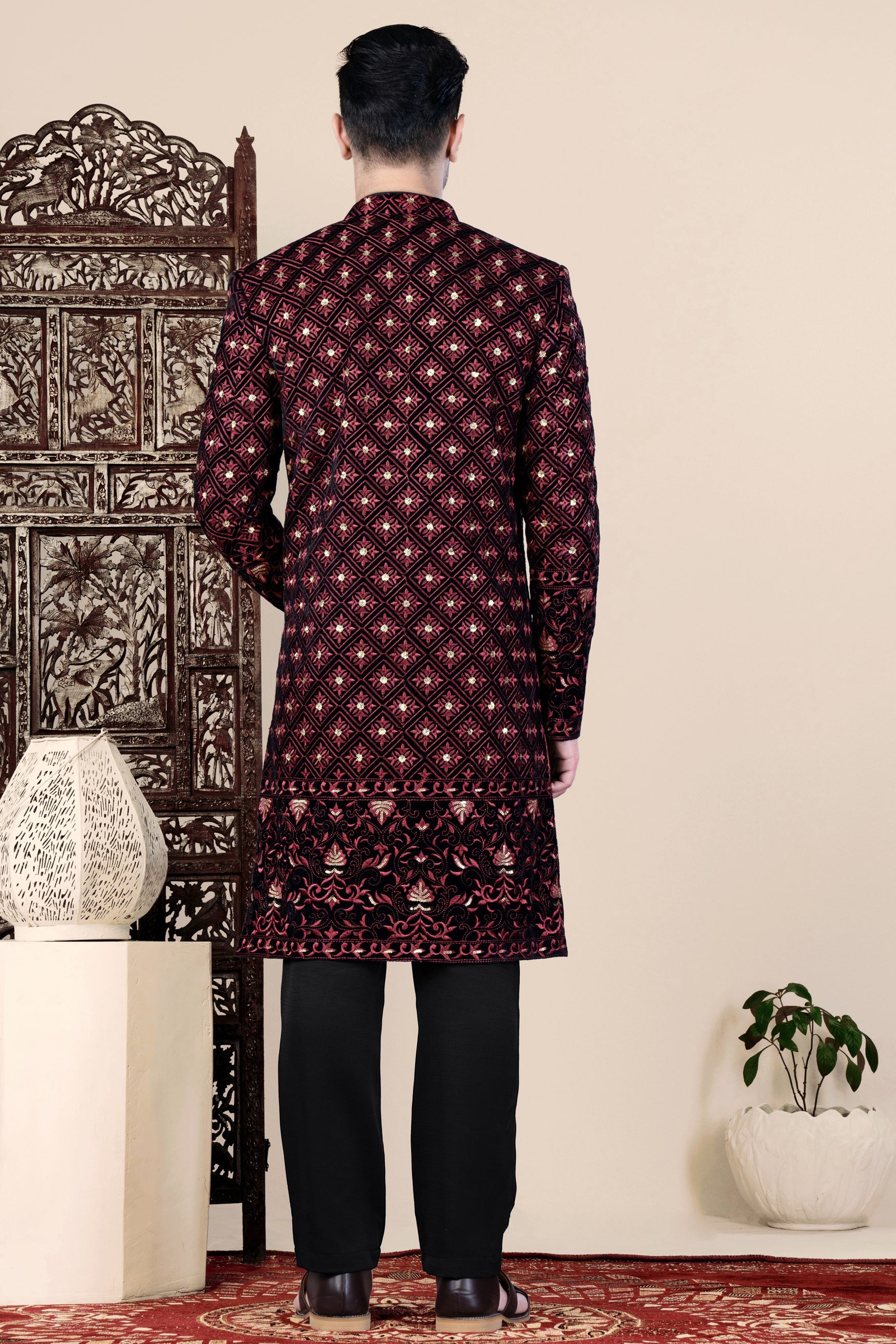 Jade Black and Cordovan Pink Geometric Thread and Sequin Embroidered Indo-Western