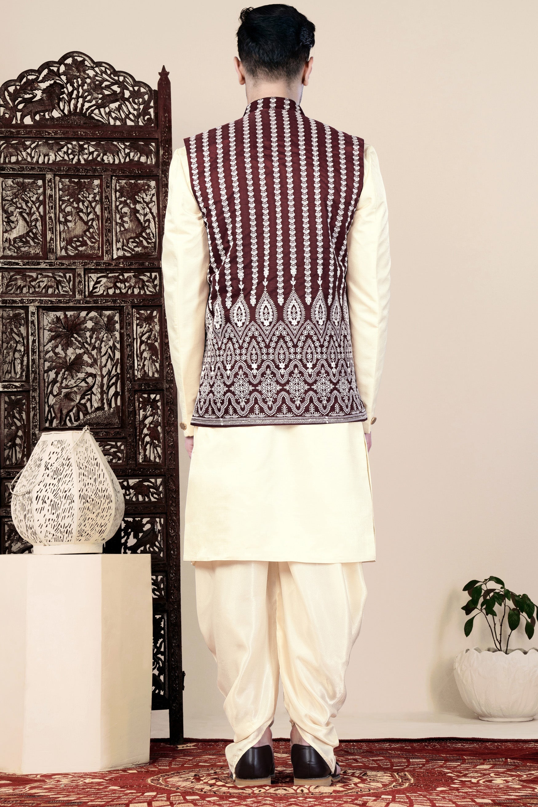 Irish Maroon and Cream Thread Embroidered Indo-Western with Koti