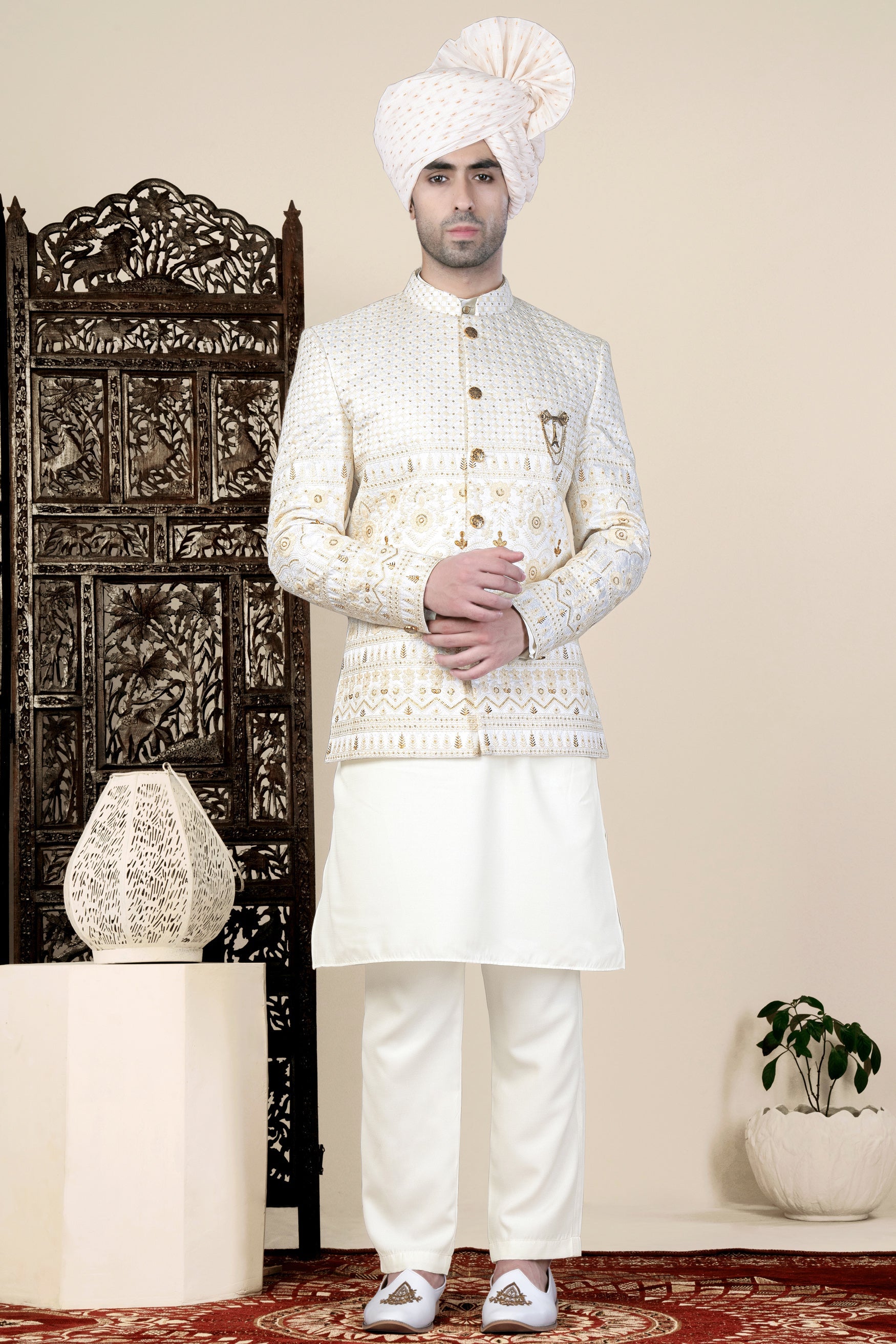 Sand Cream Thread and Sequin Embroidered Jodhpuri