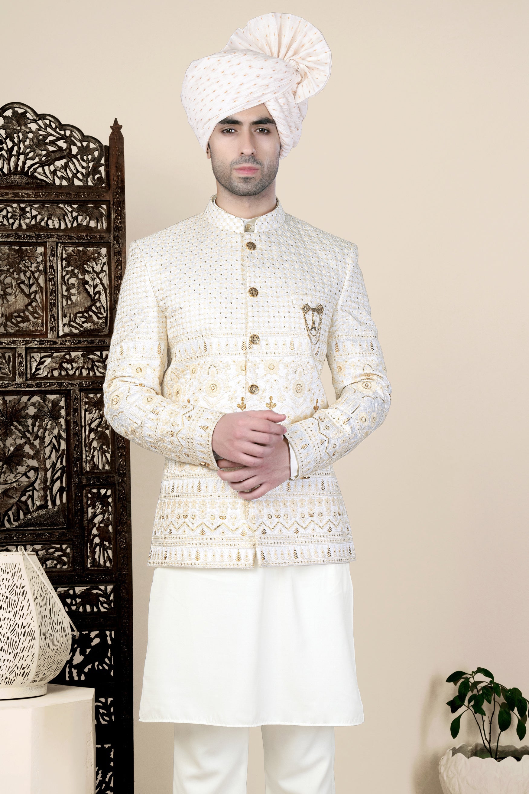 Sand Cream Thread and Sequin Embroidered Jodhpuri
