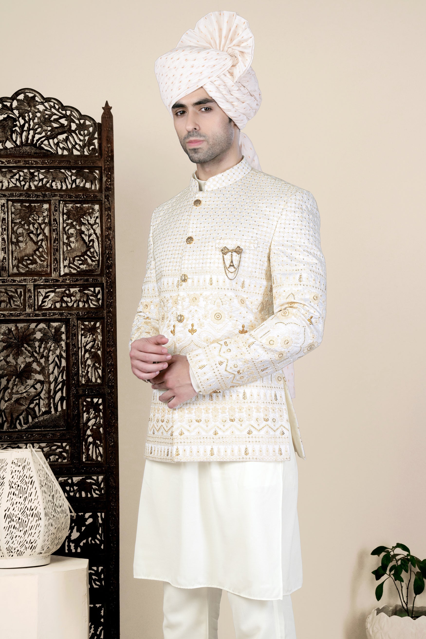 Sand Cream Thread and Sequin Embroidered Jodhpuri