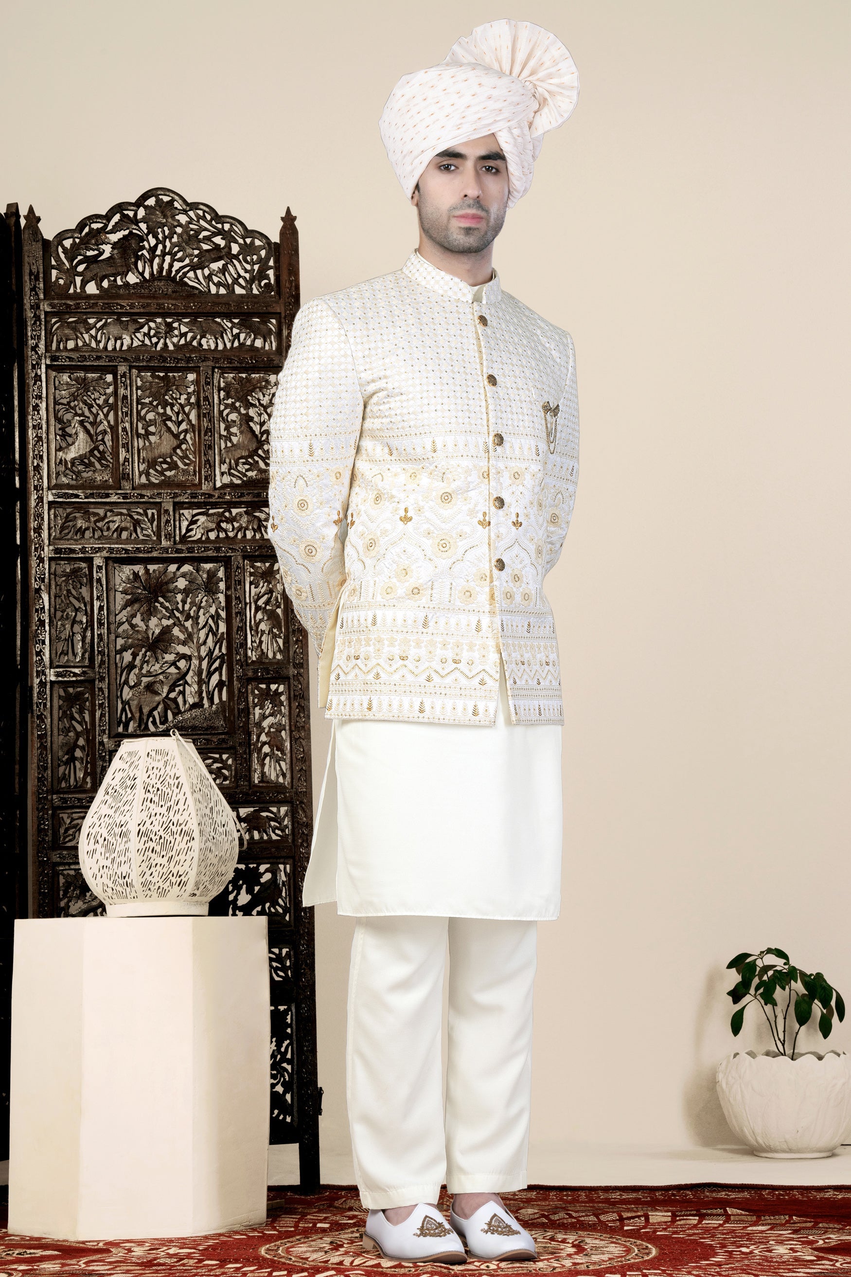 Sand Cream Thread and Sequin Embroidered Jodhpuri