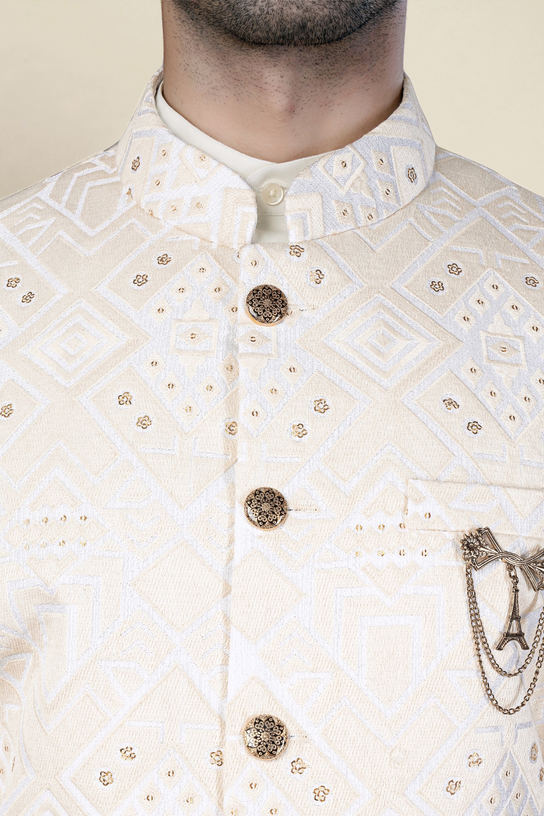Sand Cream Geometric Thread and Sequin Embroidered Jodhpuri