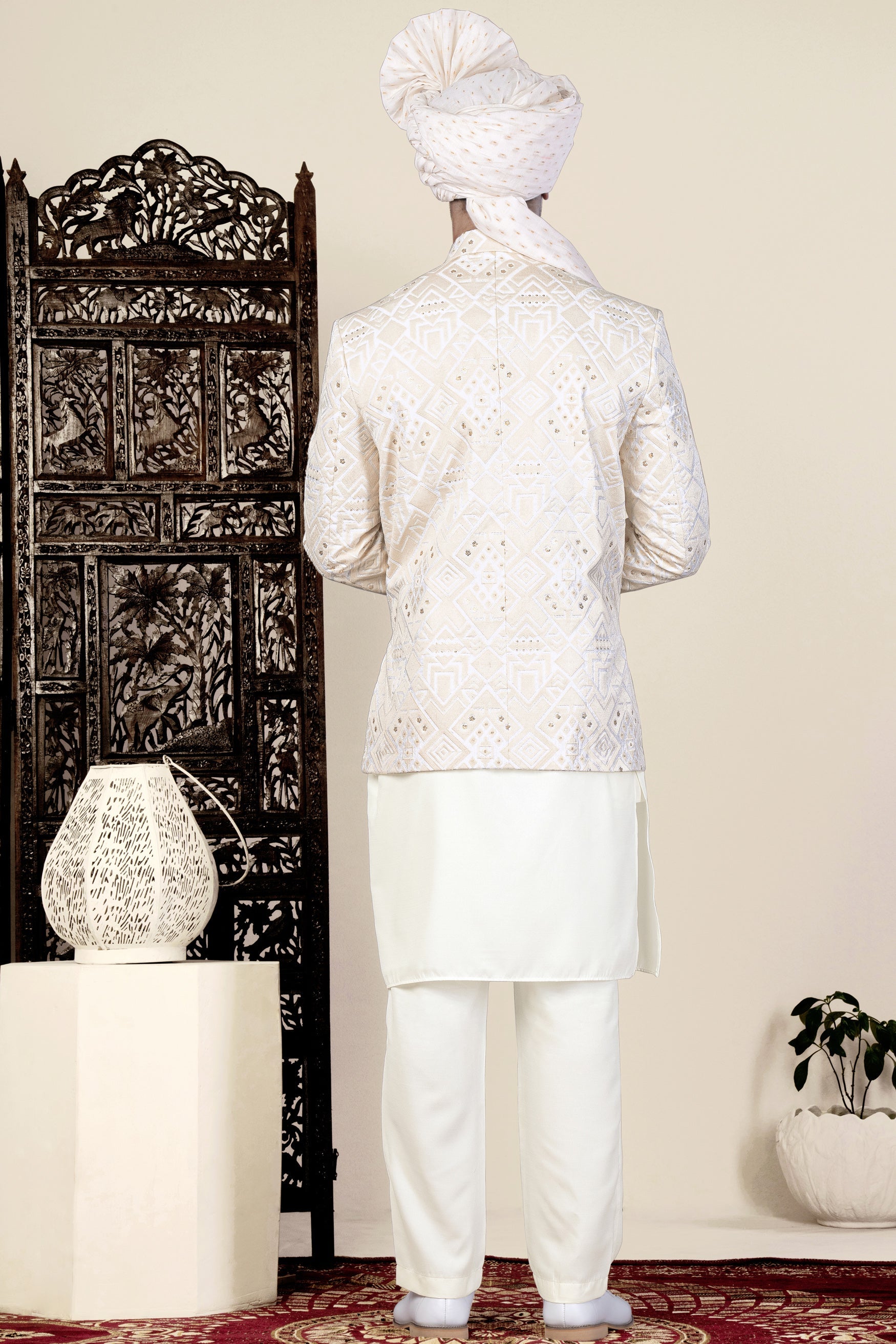 Sand Cream Geometric Thread and Sequin Embroidered Jodhpuri
