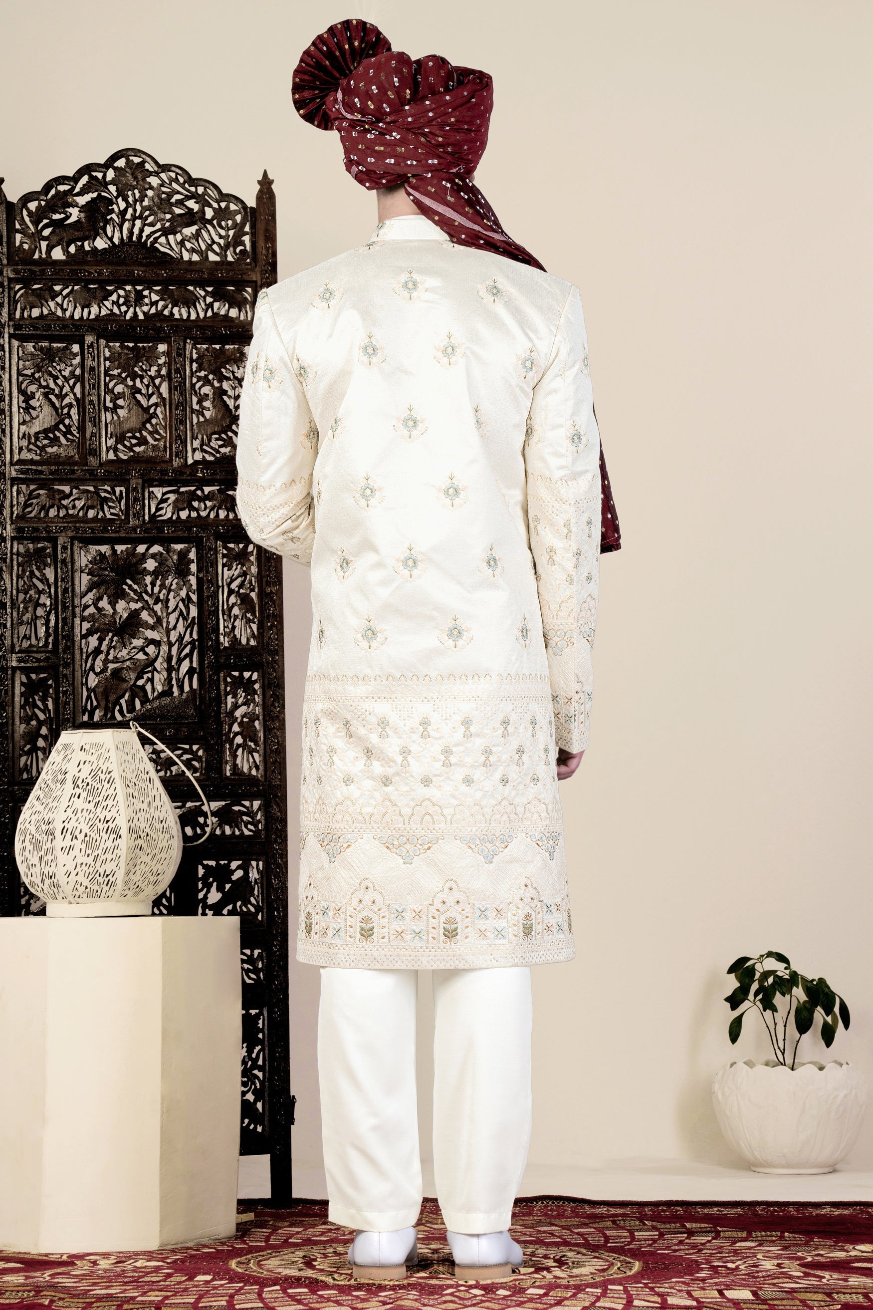 Eggshell Cream and Casper Blue Floral Thread and Sequin Embroidered Indo-Western Sherwani