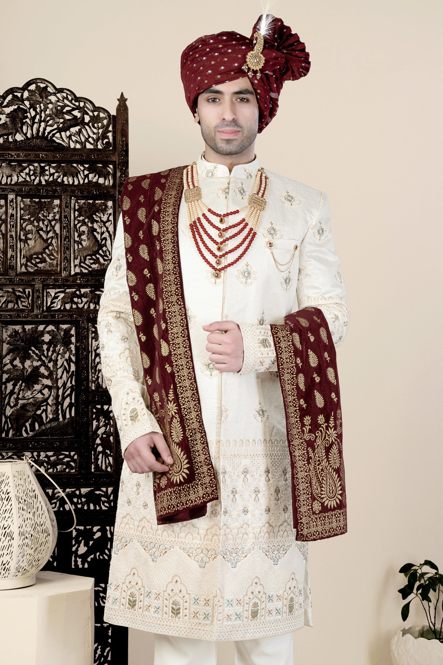 Eggshell Cream and Casper Blue Floral Thread and Sequin Embroidered Indo-Western Sherwani