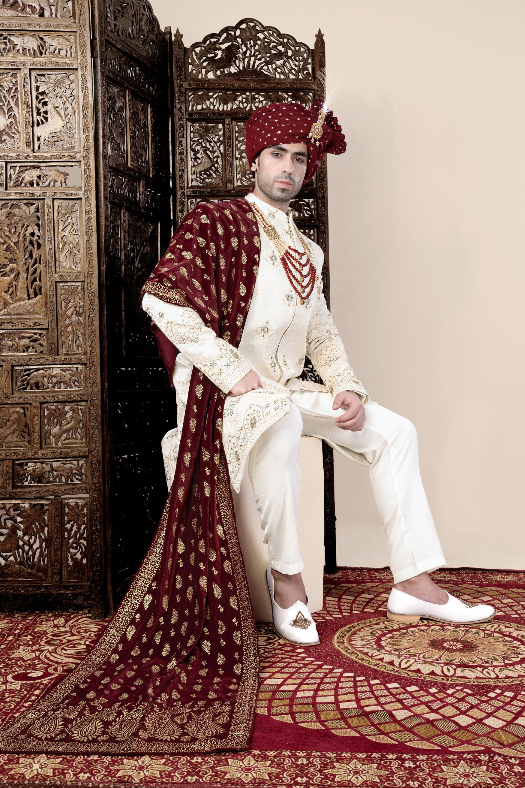 Eggshell Cream and Casper Blue Floral Thread and Sequin Embroidered Indo-Western Sherwani