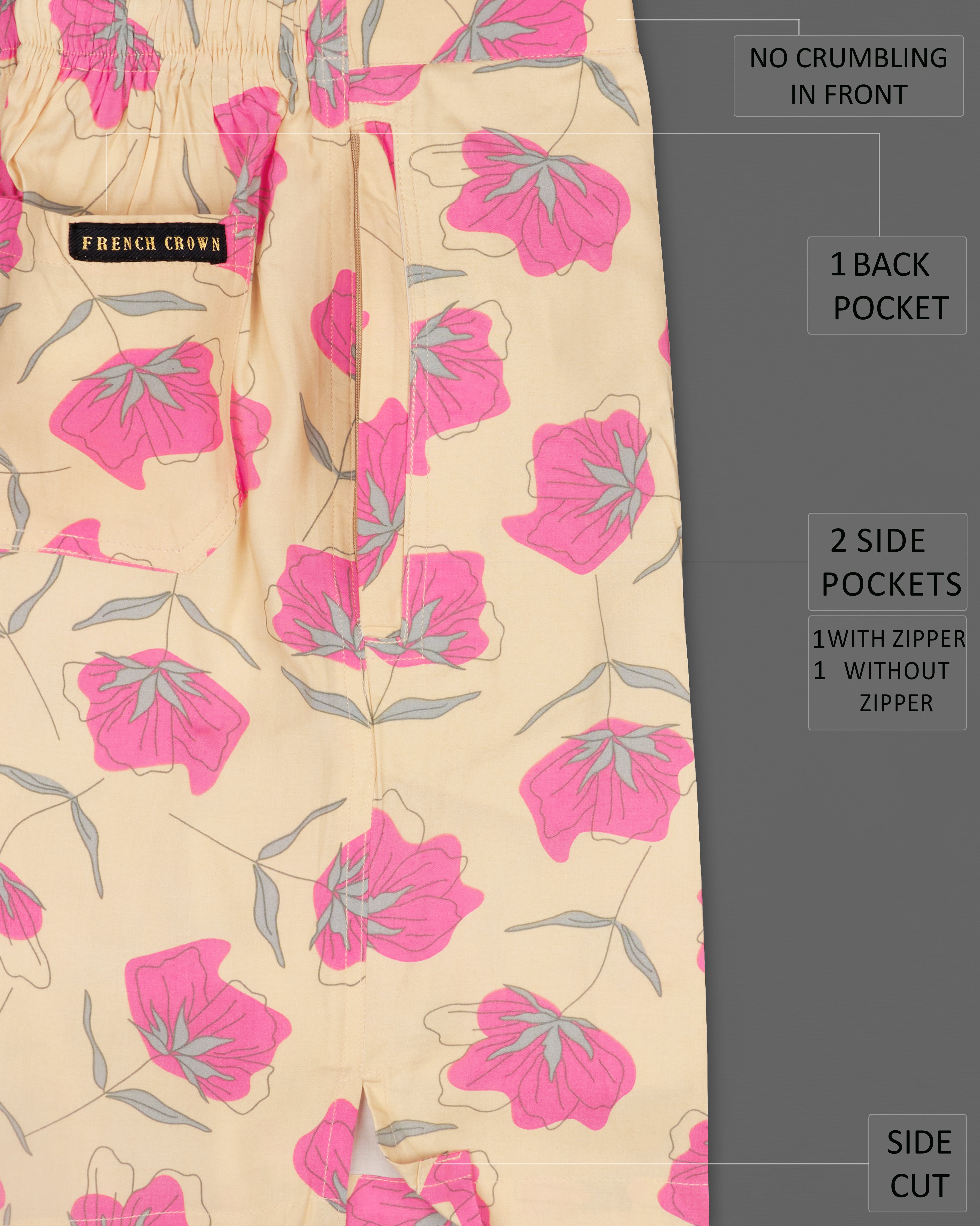 Tequila Beige Floral Printed Premium Cotton Shorts SR200-28, SR200-30, SR200-32, SR200-34, SR200-36, SR200-38, SR200-40, SR200-42, SR200-44