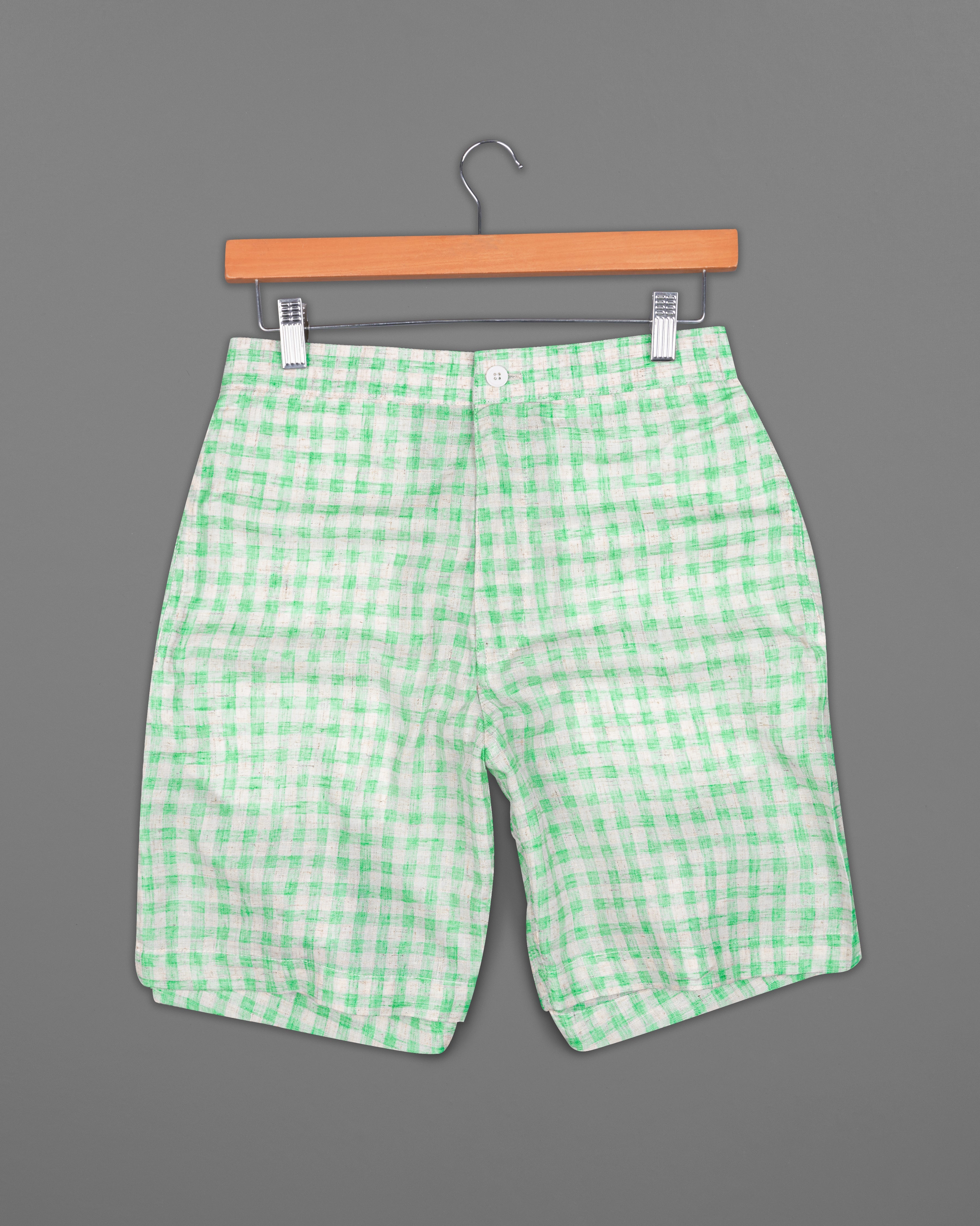 Turquoise Green and Mercury Gray Checkered Luxurious Linen Shorts SR210-28, SR210-30, SR210-32, SR210-34, SR210-36, SR210-38, SR210-40, SR210-42, SR210-44
