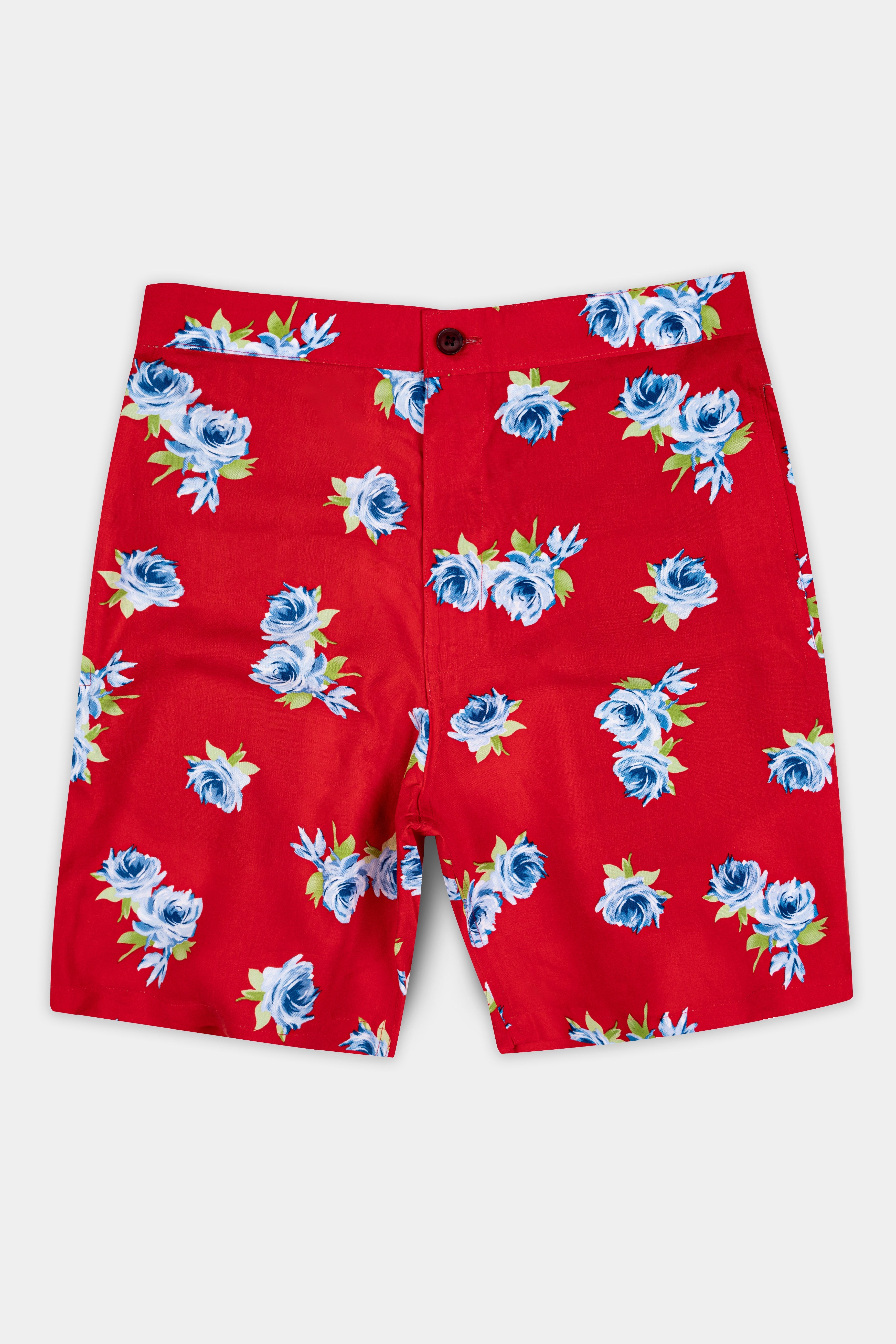 Scarlet Red and Cerulean Blue Floral Printed Premium Cotton Shorts SR382-28, SR382-30, SR382-32, SR382-34, SR382-36, SR382-38, SR382-40, SR382-42, SR382-44
