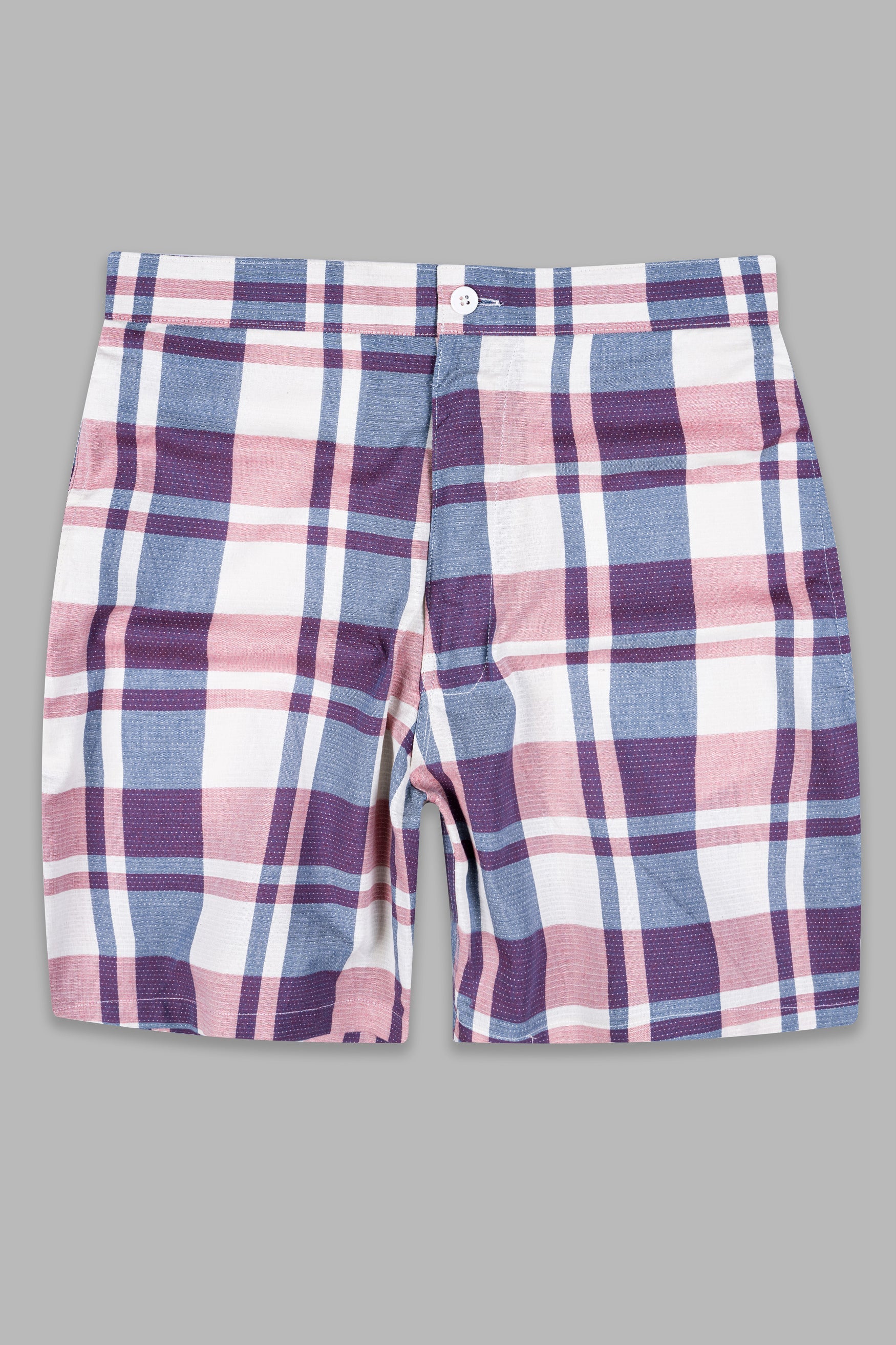 Bright White with Cavern Pink and Mulled Wine Purple Checkered Dobby Textured Giza Cotton Shorts SR396-28, SR396-30, SR396-32, SR396-34, SR396-36, SR396-38, SR396-40, SR396-42, SR396-44
