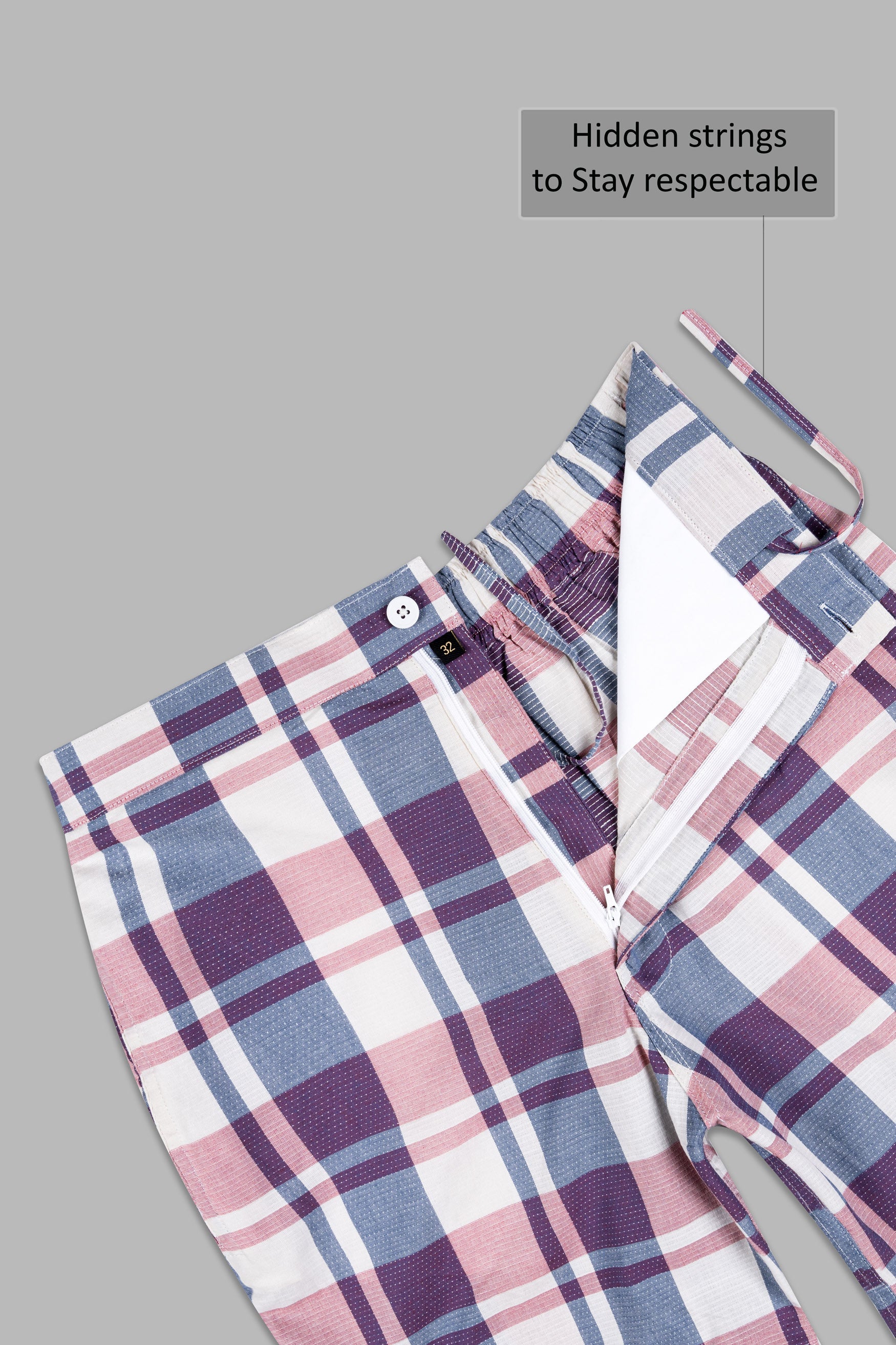 Bright White with Cavern Pink and Mulled Wine Purple Checkered Dobby Textured Giza Cotton Shorts SR396-28, SR396-30, SR396-32, SR396-34, SR396-36, SR396-38, SR396-40, SR396-42, SR396-44