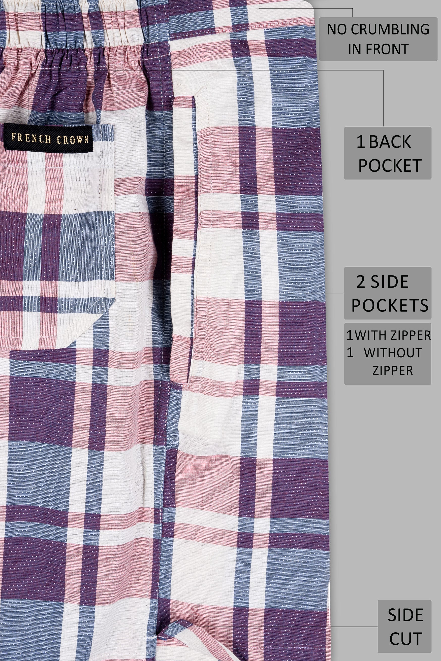 Bright White with Cavern Pink and Mulled Wine Purple Checkered Dobby Textured Giza Cotton Shorts SR396-28, SR396-30, SR396-32, SR396-34, SR396-36, SR396-38, SR396-40, SR396-42, SR396-44