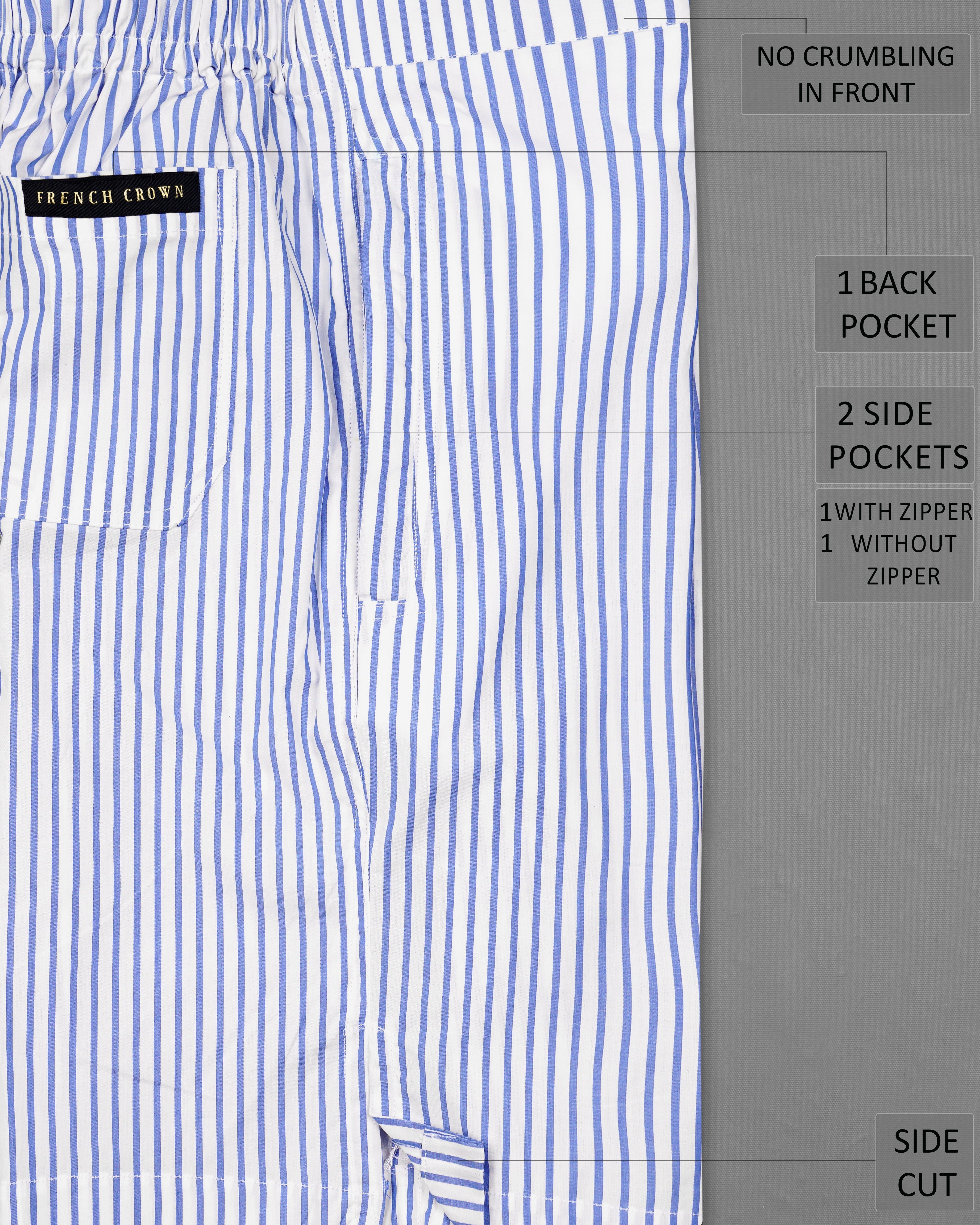 Bright White and Scampi Blue Striped Premium Cotton Shorts SR251-28, SR251-30, SR251-32, SR251-34, SR251-36, SR251-38, SR251-40, SR251-42, SR251-44