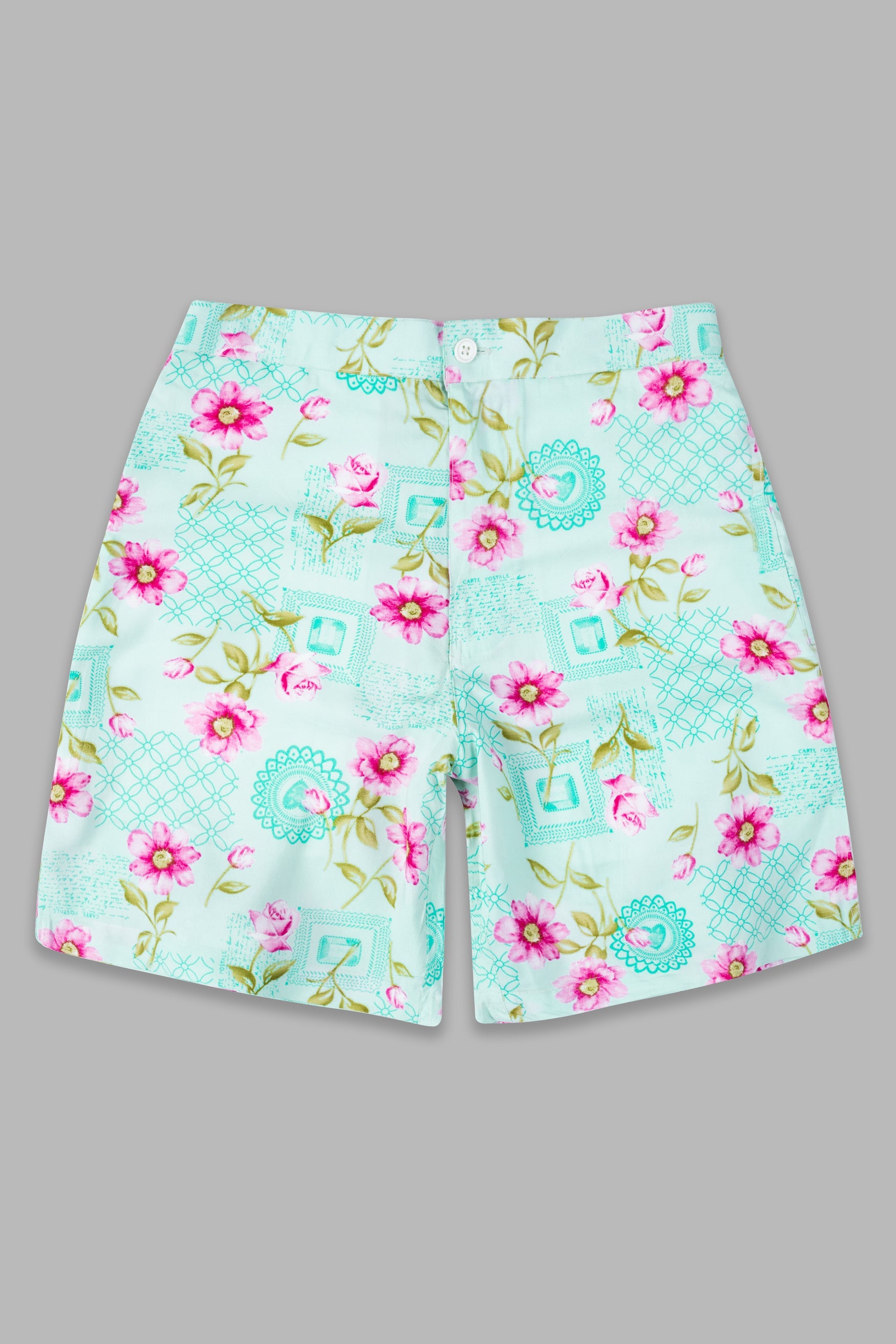 Jagged Ice Blue and Hopbush Pink Multicolour Floral Printed Subtle Sheen Super Soft Premium Cotton Short