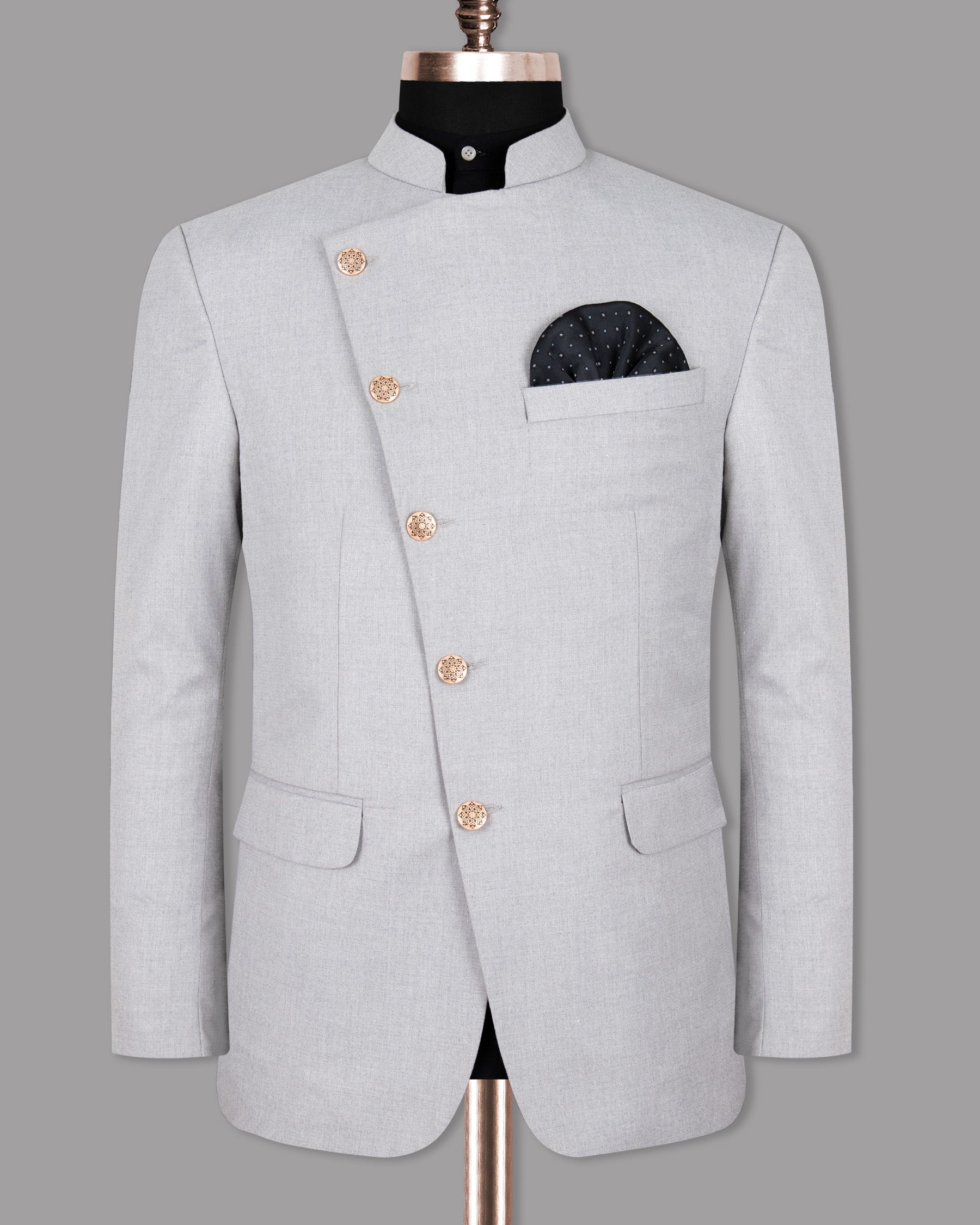 Mischka Grey Cross Buttoned Bandhgala/Mandarin Woolrich Suit ST1300-CBG-36, ST1300-CBG-38, ST1300-CBG-40, ST1300-CBG-42, ST1300-CBG-44, ST1300-CBG-46, ST1300-CBG-48, ST1300-CBG-50, ST1300-CBG-56, ST1300-CBG-52, ST1300-CBG-54, ST1300-CBG-58, ST1300-CBG-60