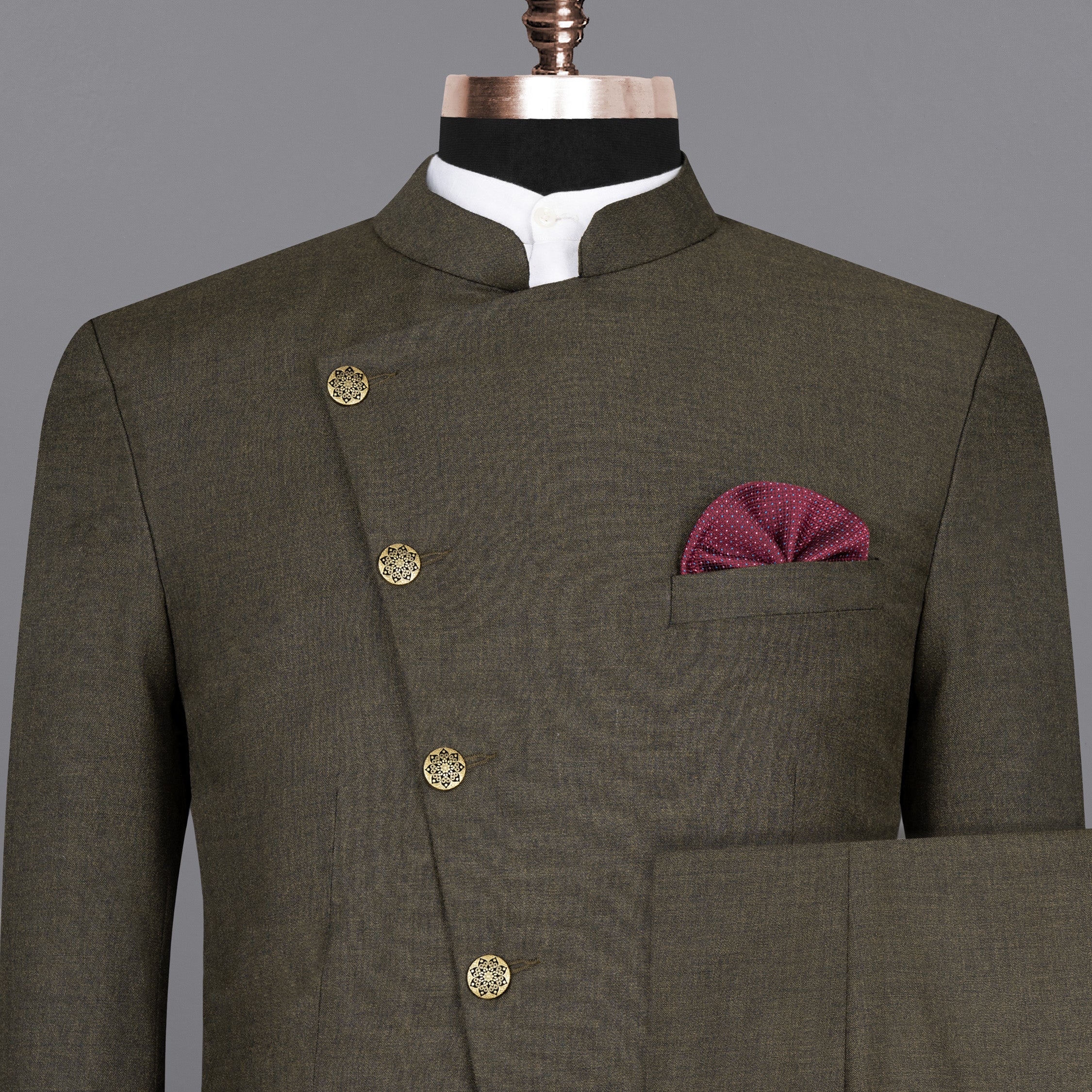 Merlin Green Cross Placket Bandhgala Wool Rich Suit