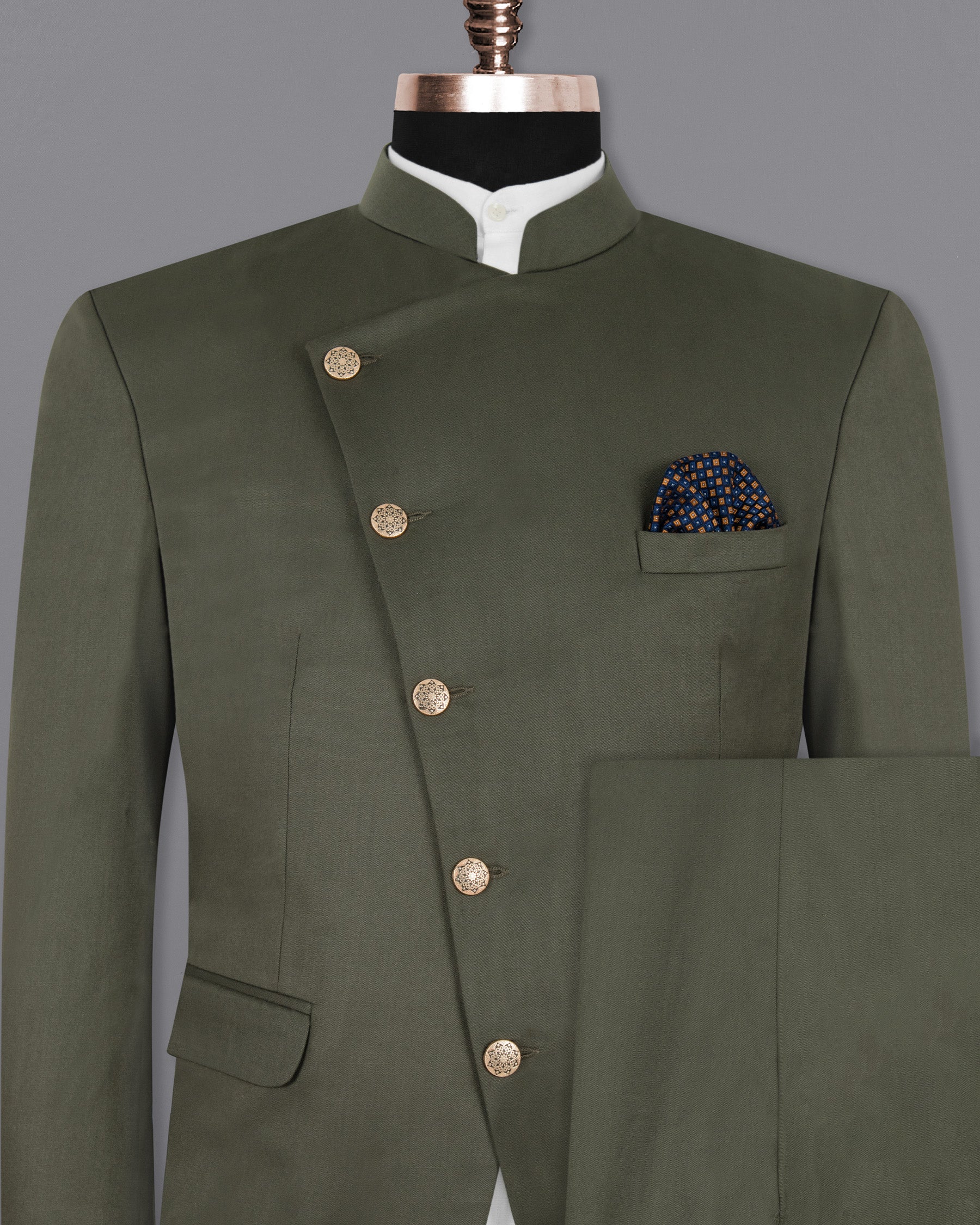 Millbrook Green Cross Buttoned Bandhgala/Mandarin Premium Cotton Suit ST1297-CBG-36, ST1297-CBG-38, ST1297-CBG-40, ST1297-CBG-42, ST1297-CBG-44, ST1297-CBG-46, ST1297-CBG-48, ST1297-CBG-50, ST1297-CBG-52, ST1297-CBG-54, ST1297-CBG-56, ST1297-CBG-58, ST1297-CBG-60