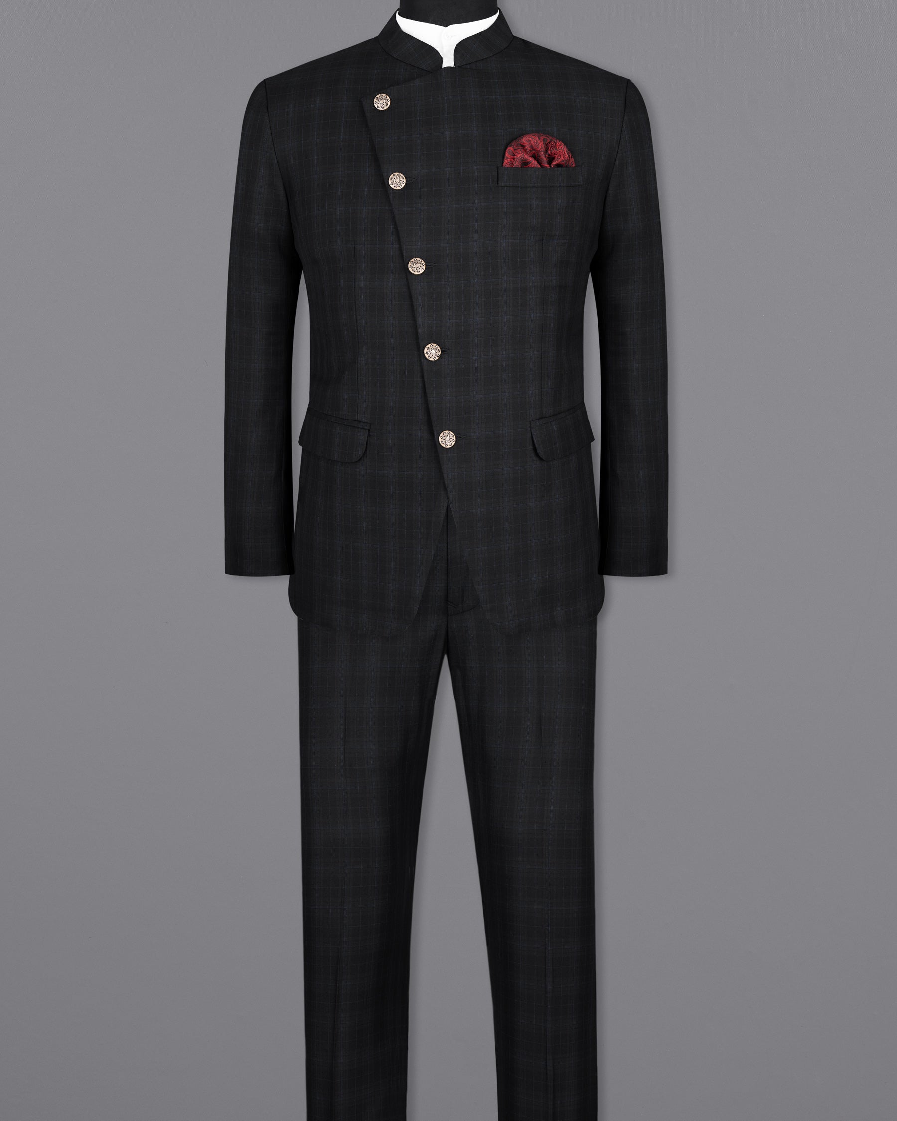Mine Shaft Black Plaid Cross Buttoned Bandhgala Wool Rich Suit ST1387-CBG-36, ST1387-CBG-38, ST1387-CBG-40, ST1387-CBG-42, ST1387-CBG-44, ST1387-CBG-46, ST1387-CBG-48, ST1387-CBG-50, ST1387-CBG-52, ST1387-CBG-54, ST1387-CBG-56, ST1387-CBG-58, ST1387-CBG-60