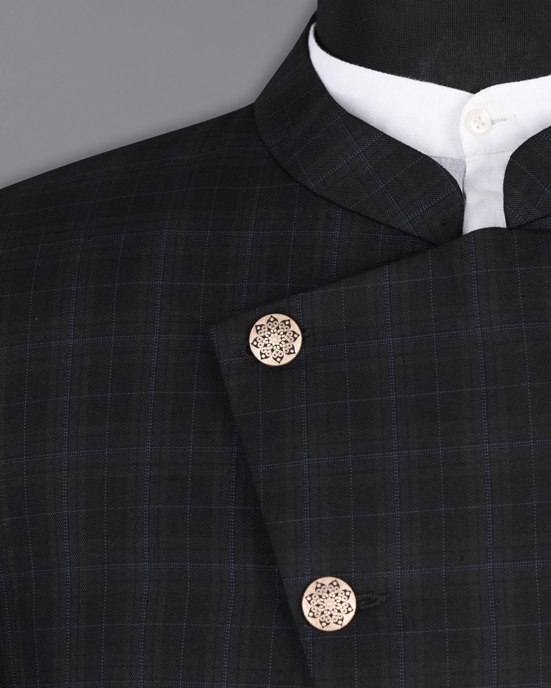 Mine Shaft Black Plaid Cross Buttoned Bandhgala Wool Rich Suit ST1387-CBG-36, ST1387-CBG-38, ST1387-CBG-40, ST1387-CBG-42, ST1387-CBG-44, ST1387-CBG-46, ST1387-CBG-48, ST1387-CBG-50, ST1387-CBG-52, ST1387-CBG-54, ST1387-CBG-56, ST1387-CBG-58, ST1387-CBG-60